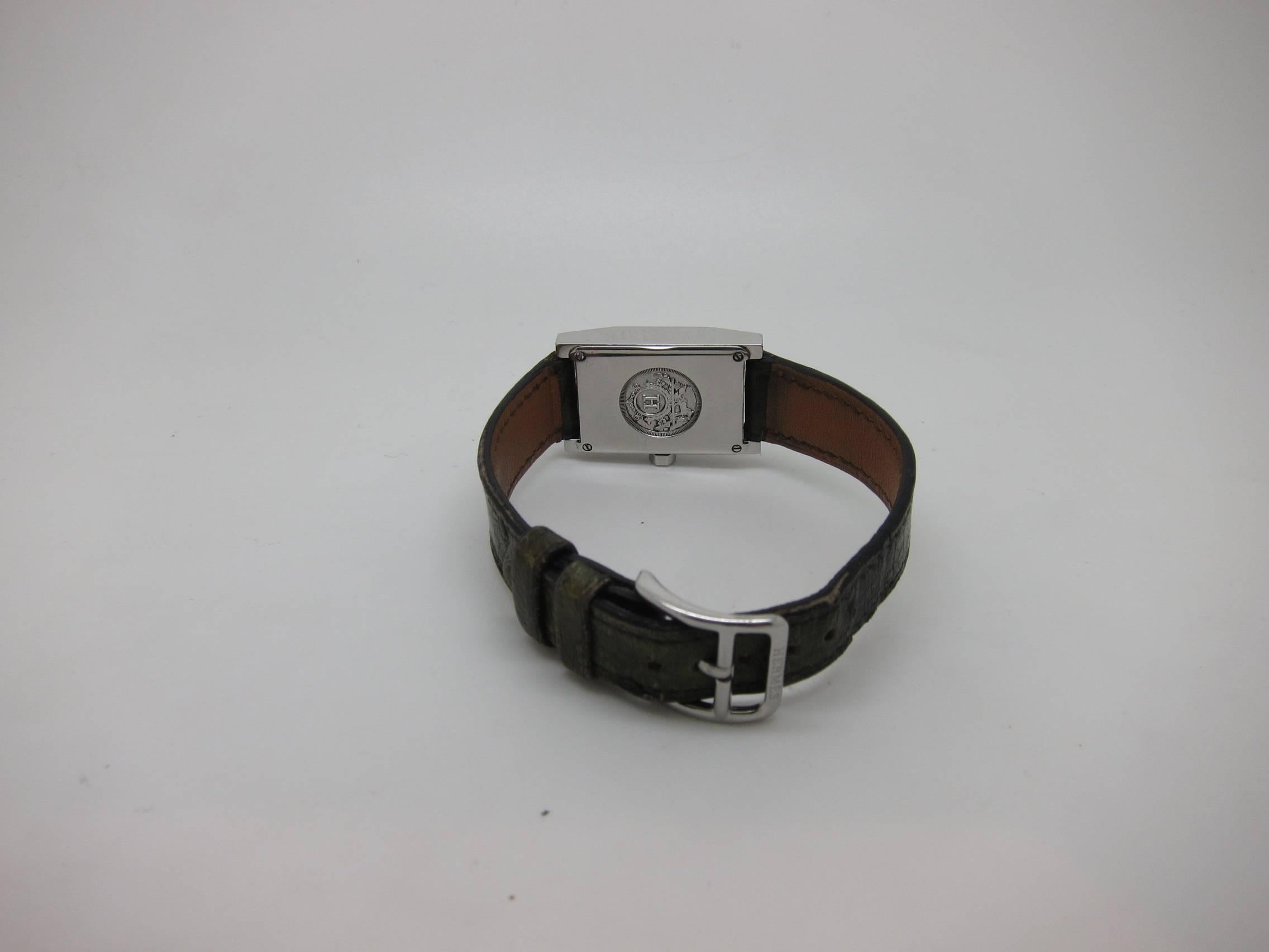 Steel Hermes Tandem Watch with Leather Bracelet In Good Condition In Paris, FR