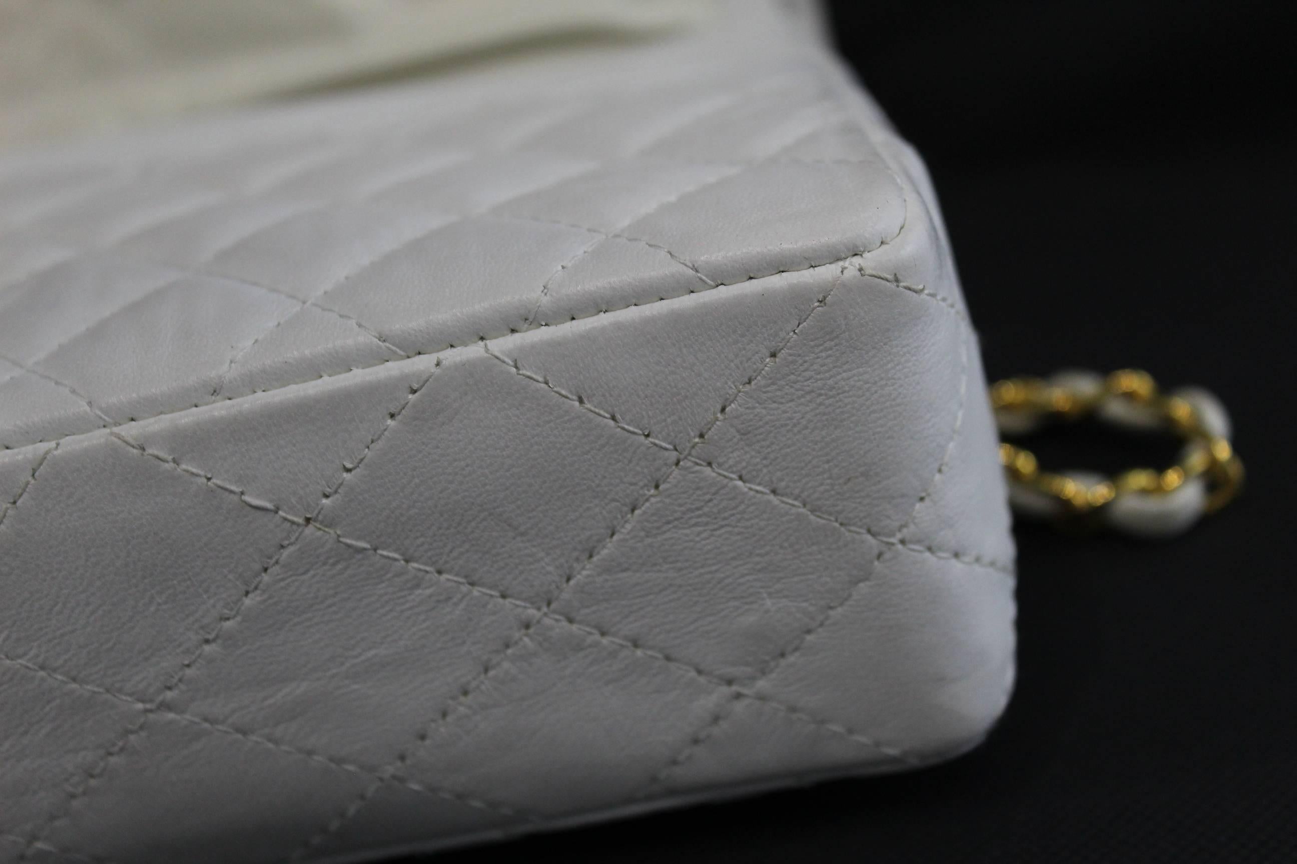 Gray Vintage 80's Chanel 2.55 Bag in White Letaher and Golden Hardware. size 10