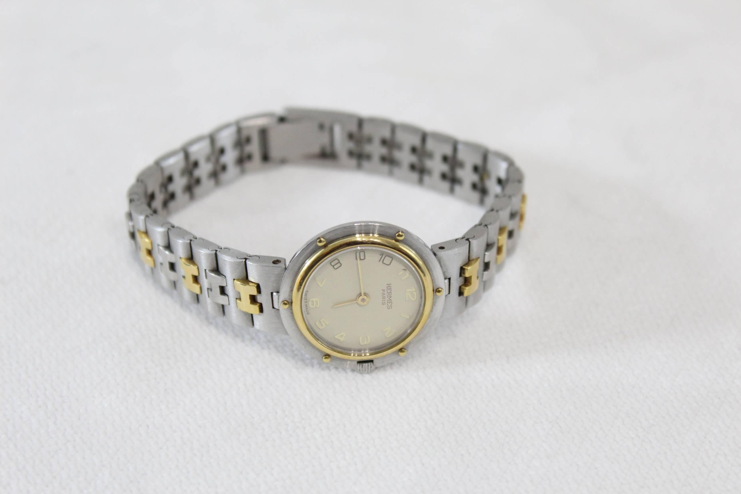 Vintage Hermes Clipper Steel and Gold Plated Watch. In Good Condition In Paris, FR