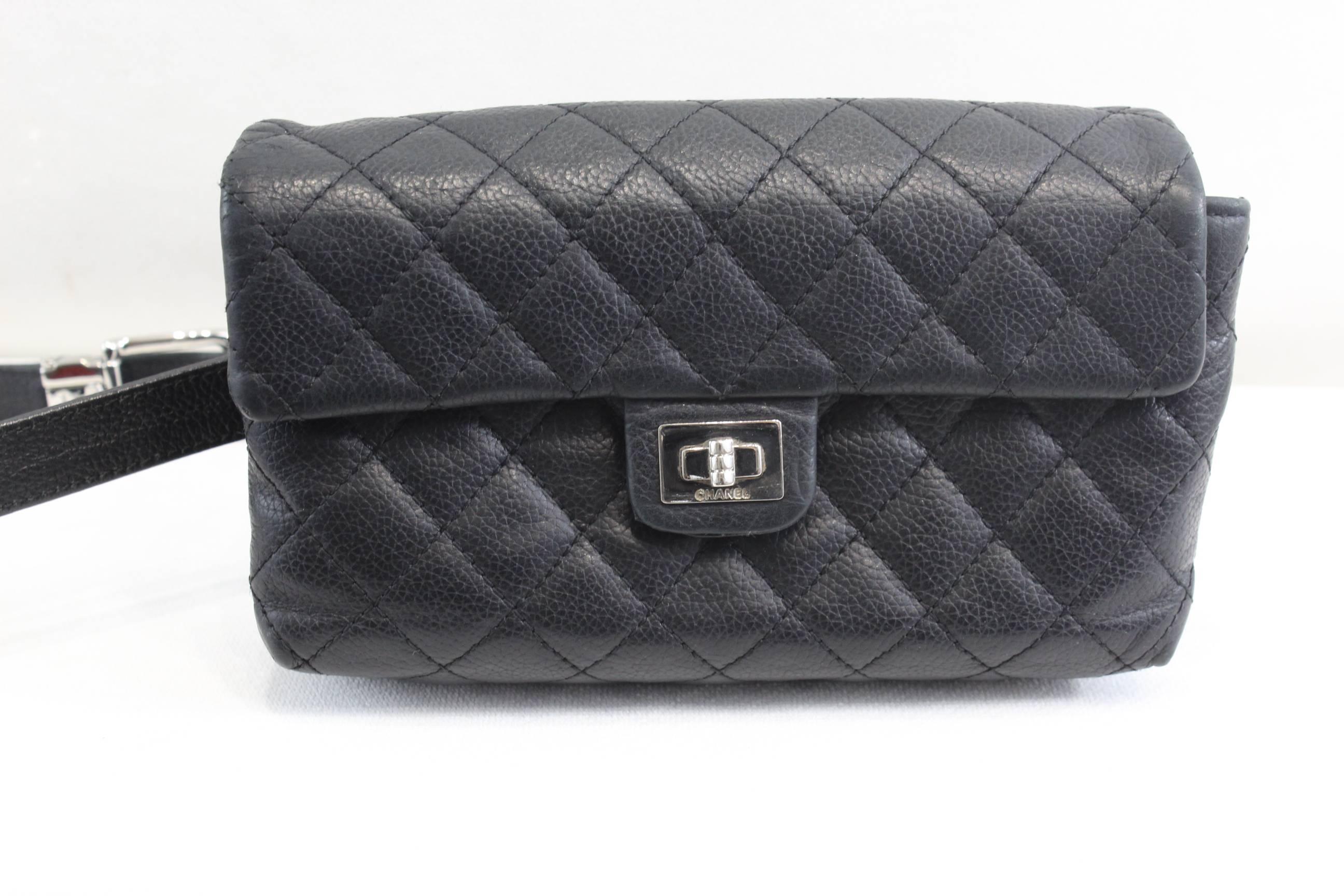 Chanel Uniform Belt Bag in Black Caviar Leather In Fair Condition In Paris, FR