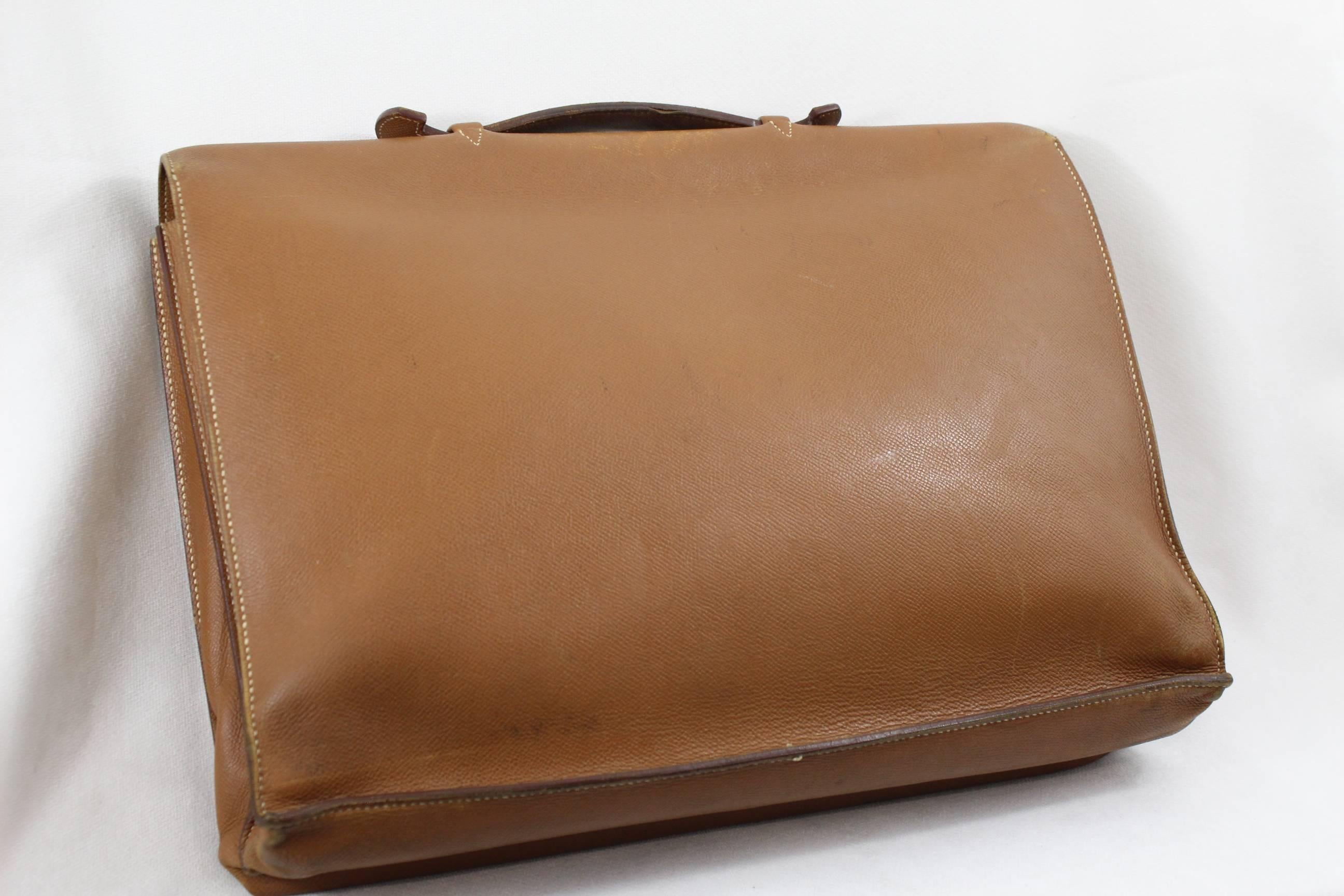 Brown Hermes Vintage Sac a Depeches Briefcase in golden graned leather
