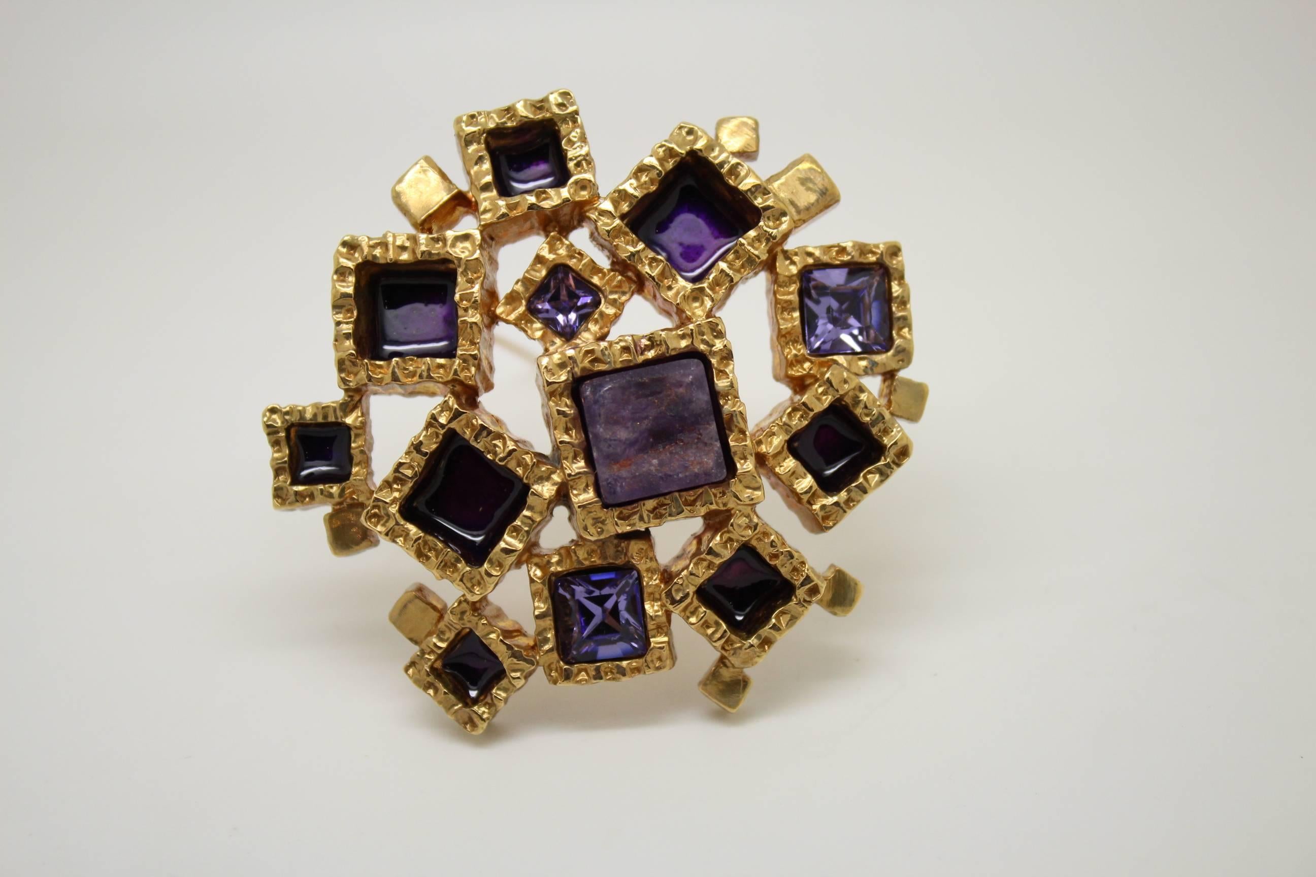 Women's or Men's Awesome Yves Saint Laurent Golden Brooch with purple stones For Sale