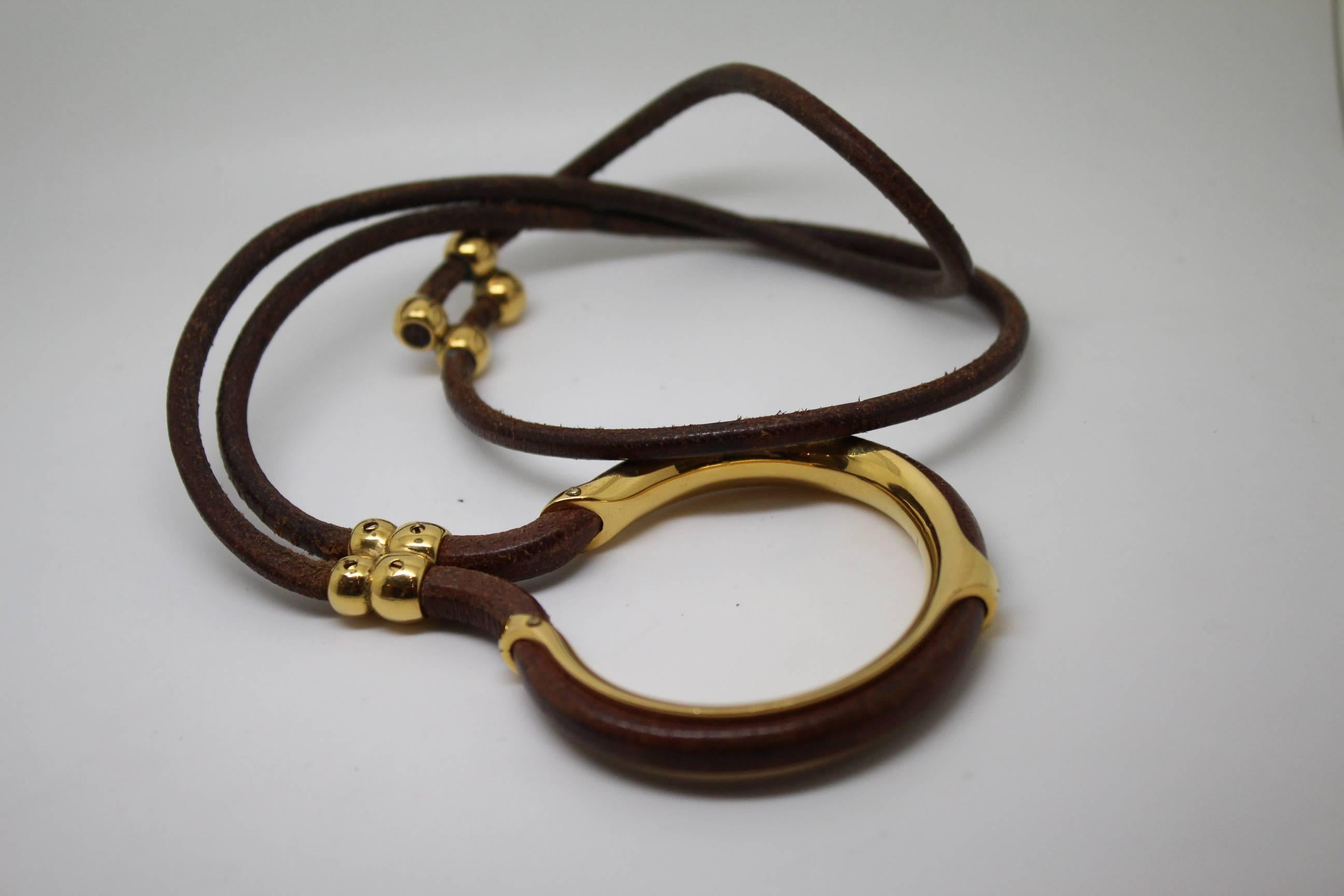 Hermes Vintage Leather and Gold Plated Necklace 1