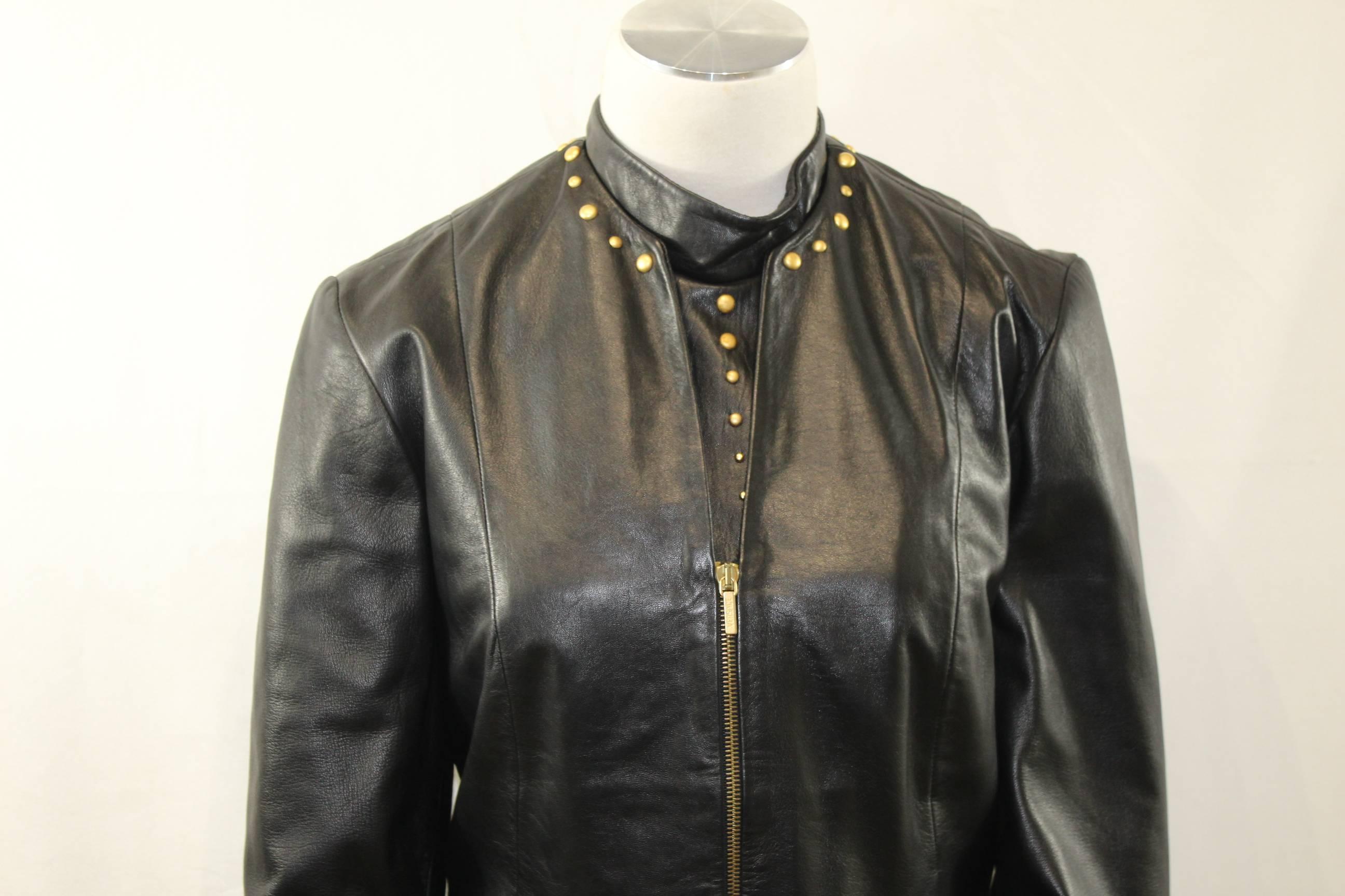 Black Versace Leather Dress and Leather Jacket with golden atributes
