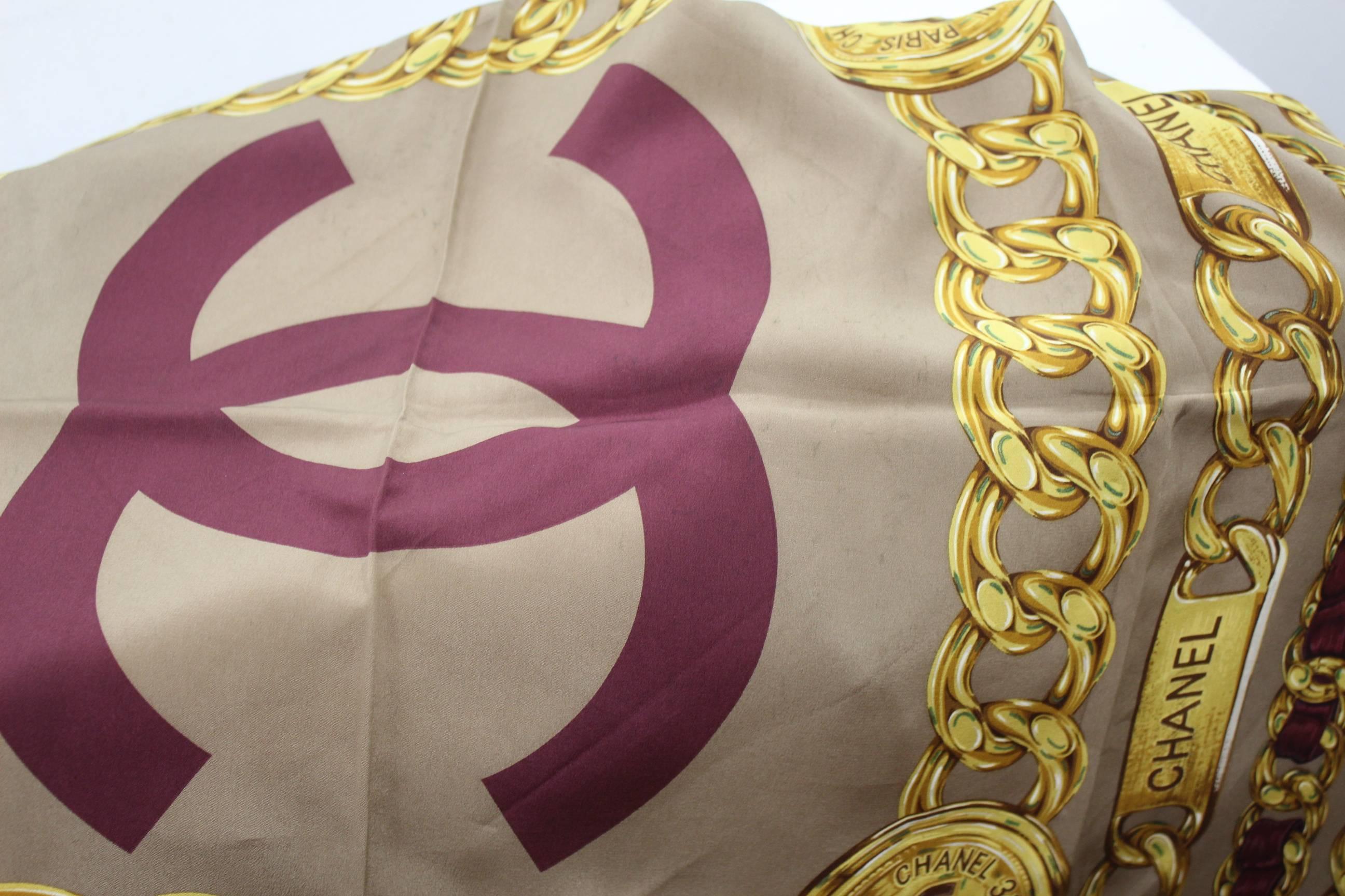 Brown Chanel Vintage Silk Scarf with CC Logo. 35 inches