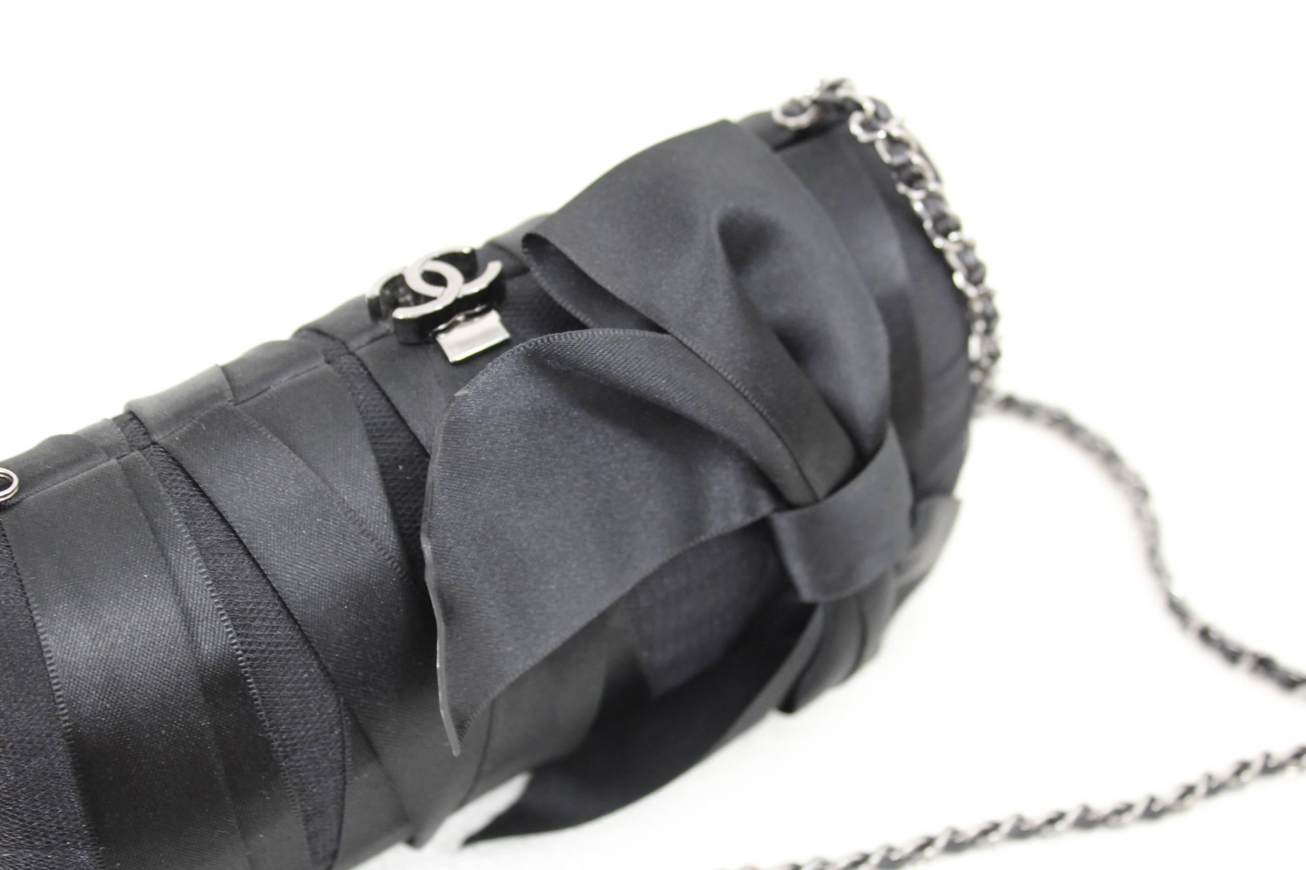Gray Chanel Black Evening  Silk Clutch with Silver Hardware