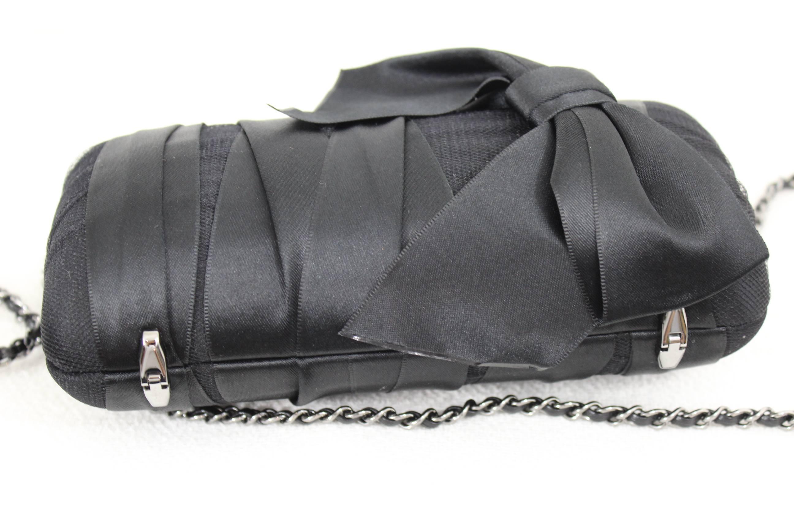 Chanel Black Evening  Silk Clutch with Silver Hardware In Excellent Condition In Paris, FR