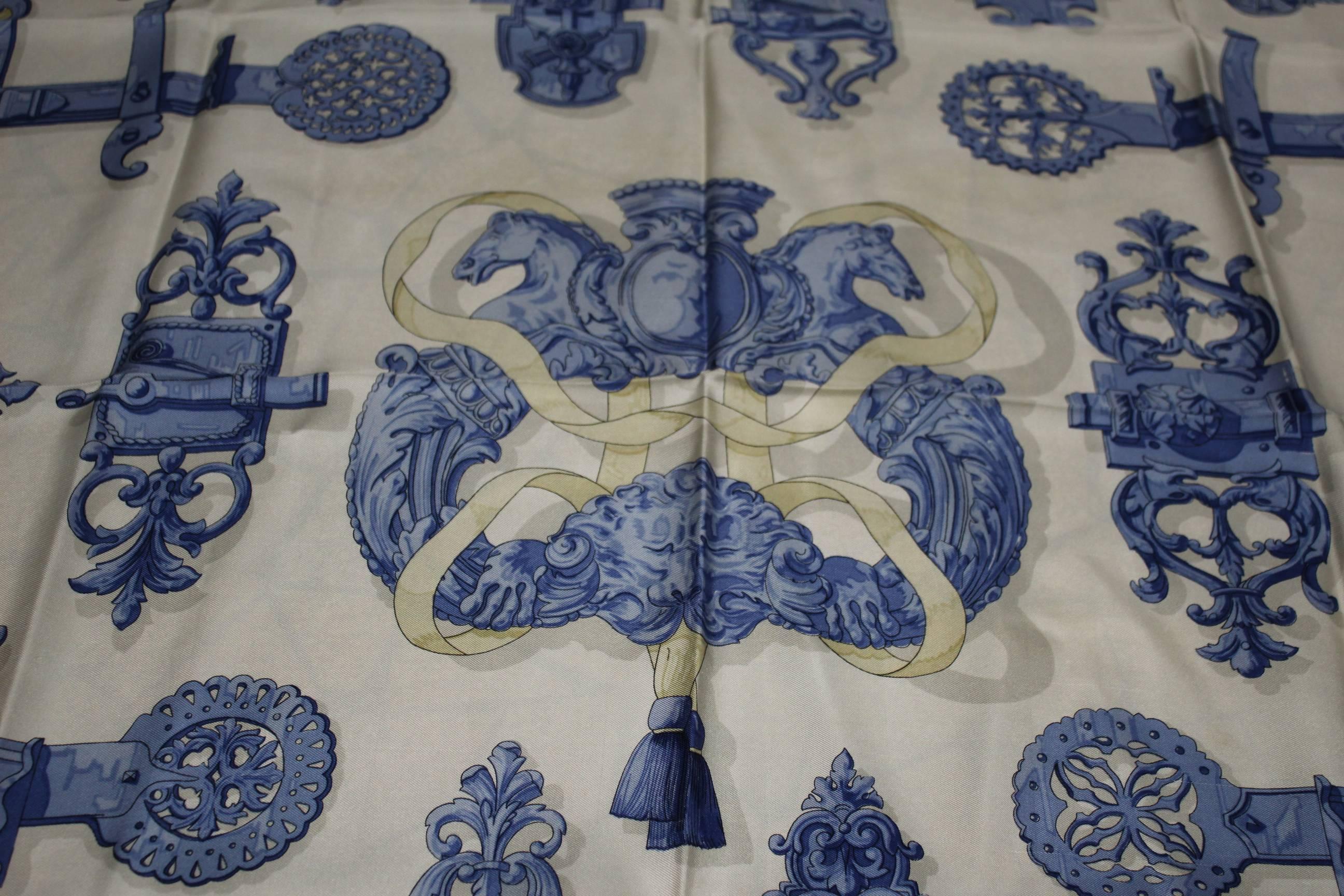Gray Hermes Vintage Silk Scarf Ferroneries with Blue background
