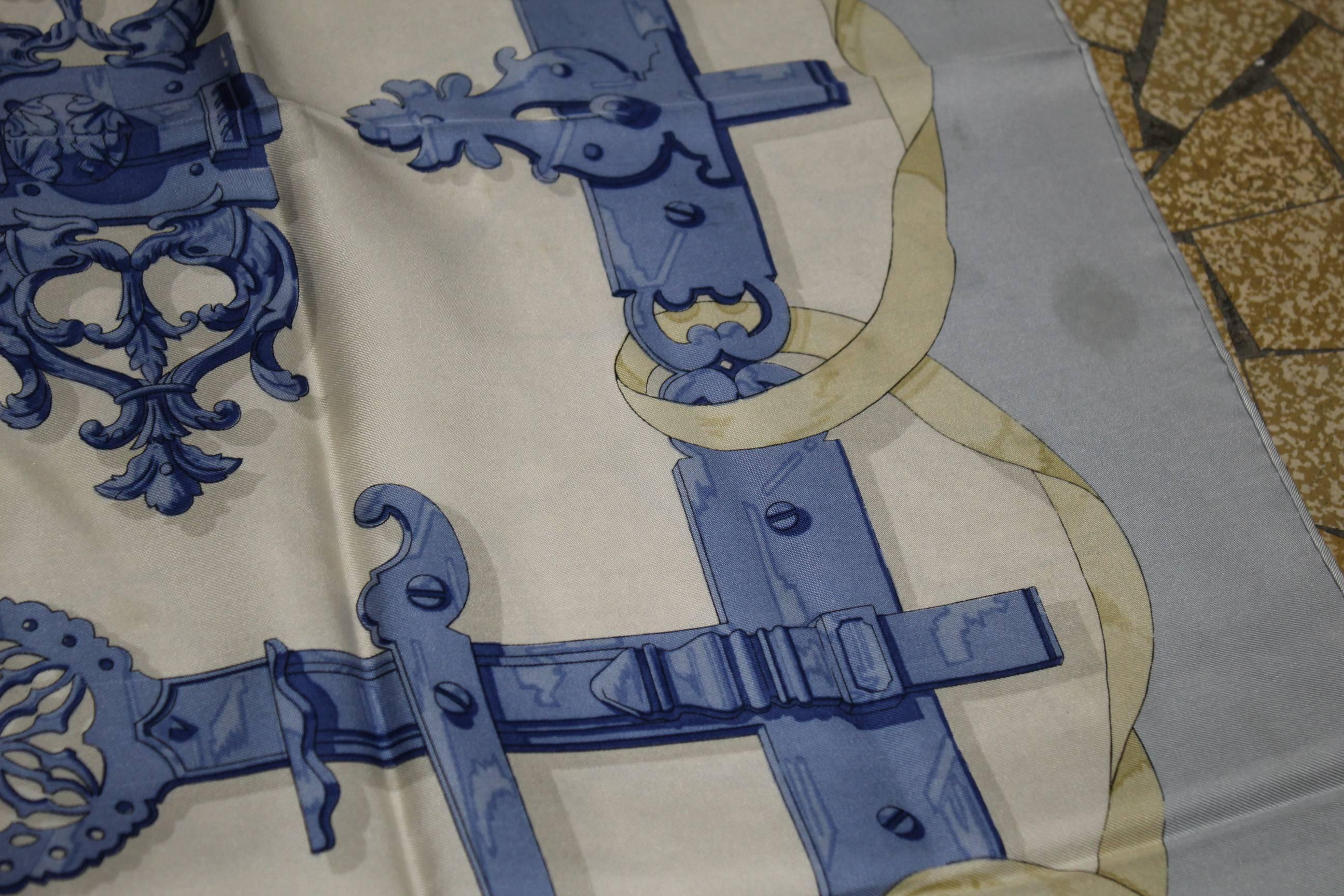 Hermes Vintage Silk Scarf Ferroneries with Blue background In Fair Condition In Paris, FR