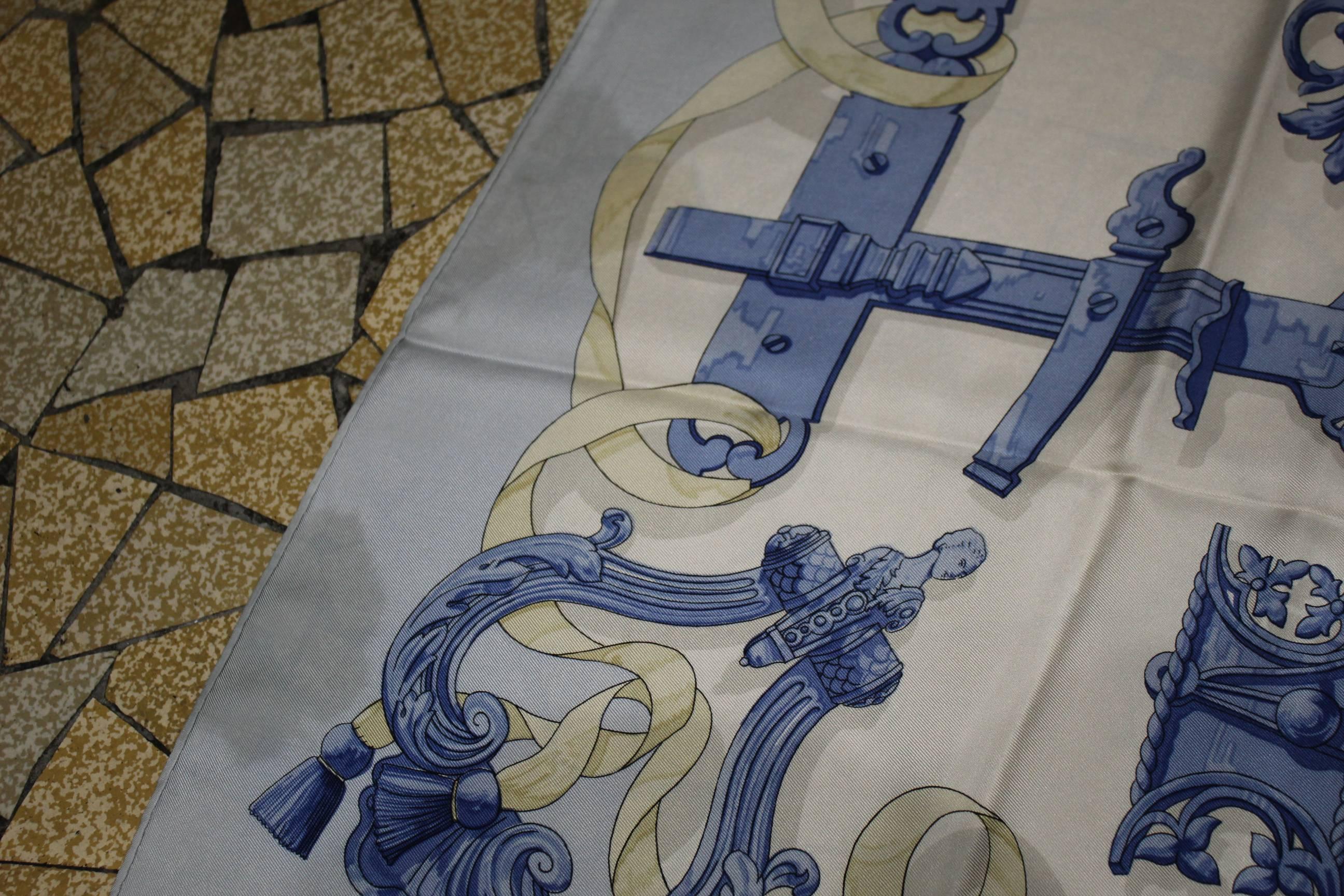 Women's Hermes Vintage Silk Scarf Ferroneries with Blue background