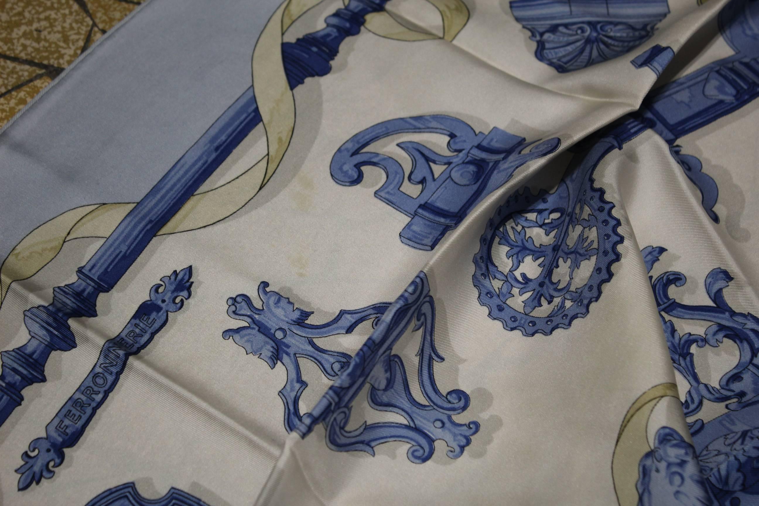Hermes Vintage Silk Scarf Ferroneries with Blue background 1