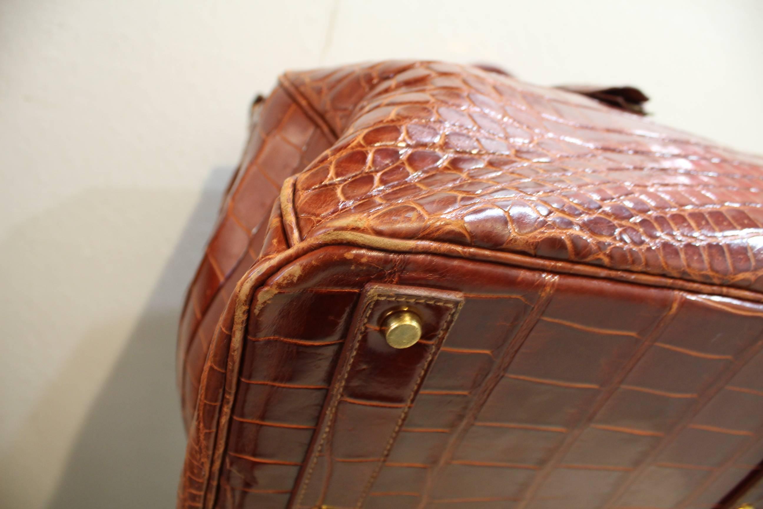 1993 Hermes Travel XXL Birkin Bag / Haut à Courroies in Brown Cognac Crocodile For Sale 1