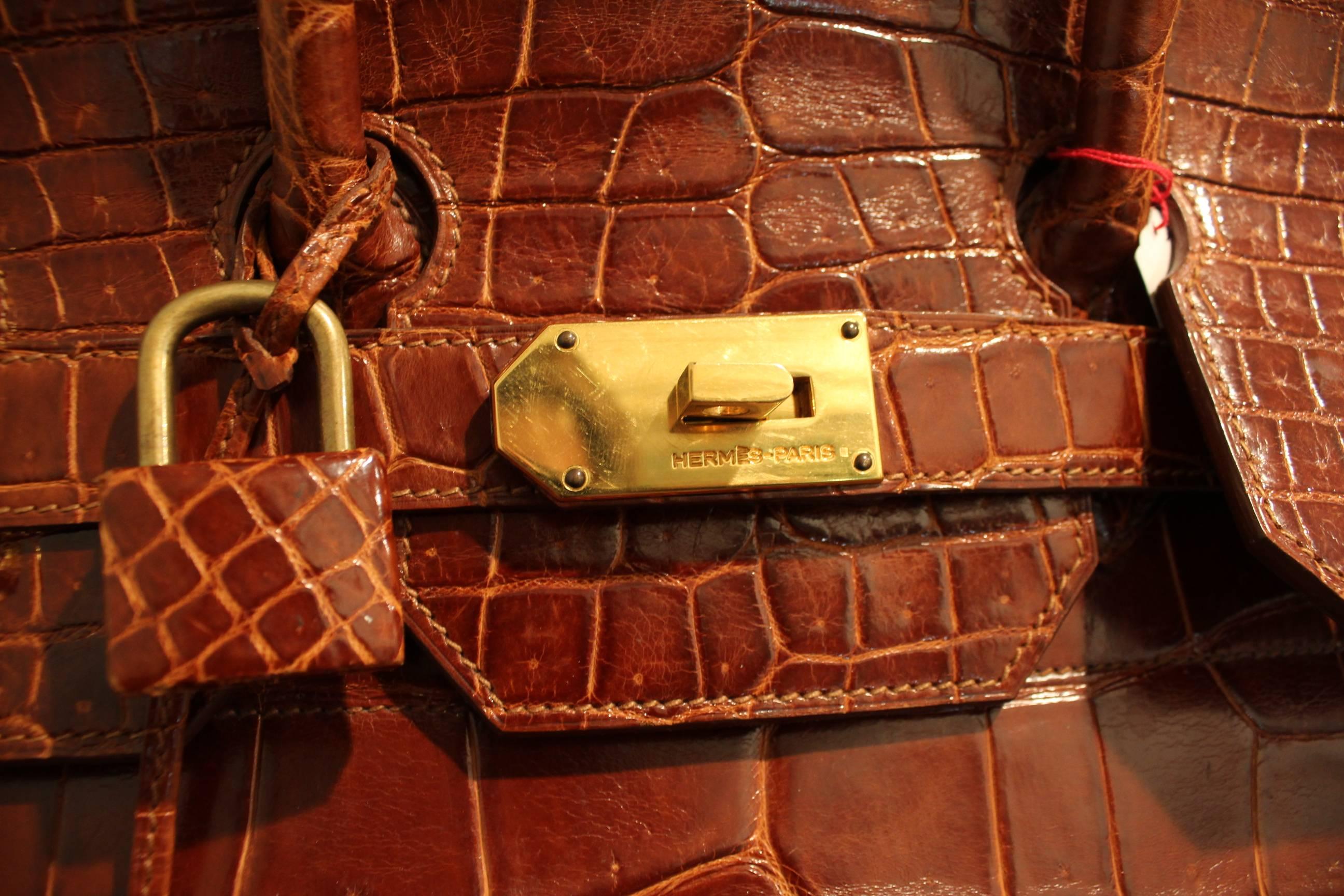 1993 Hermes Travel XXL Birkin Bag / Haut à Courroies in Brown Cognac Crocodile For Sale 5