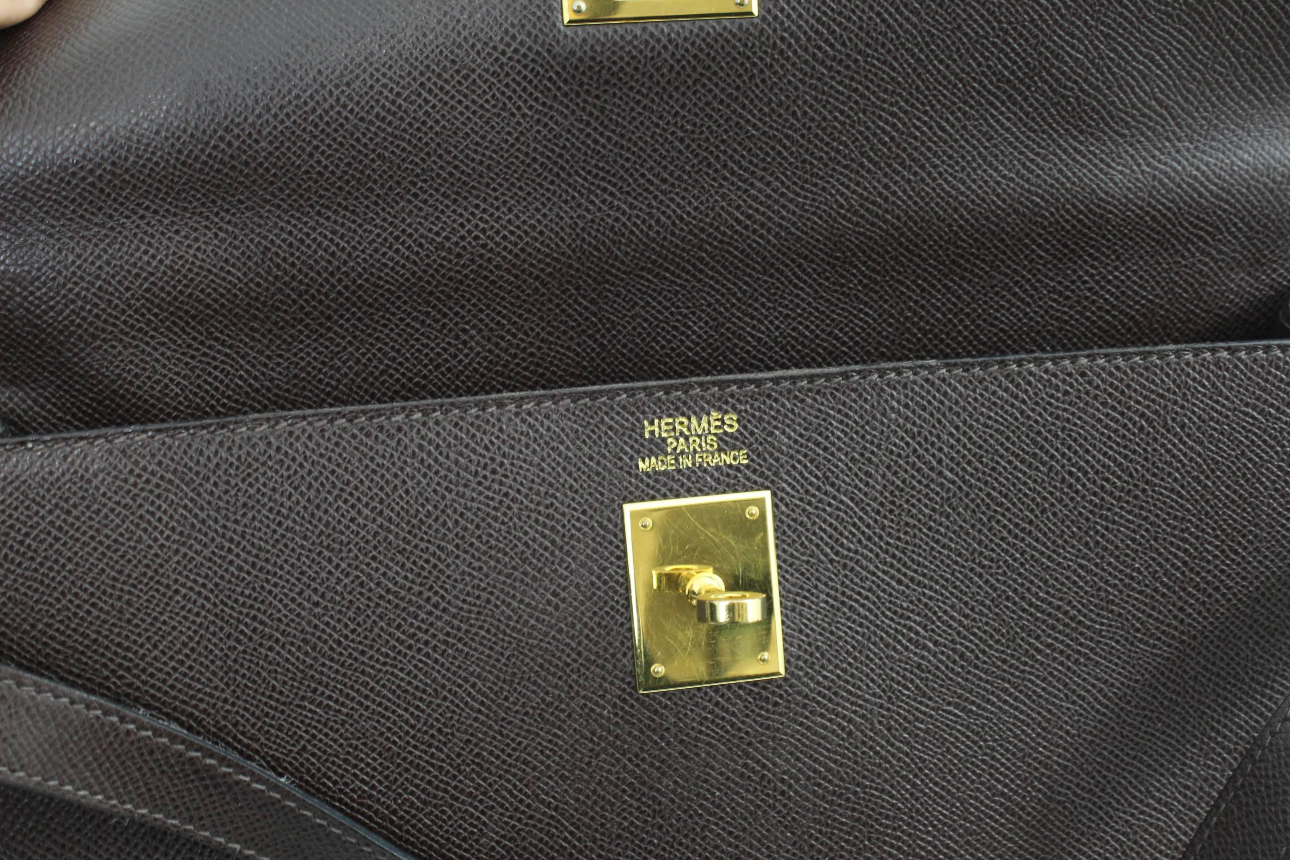 Women's or Men's 2008 Hermes Dark Brown Epson Leather Kelly 36 Bag With Shoulder Strap For Sale
