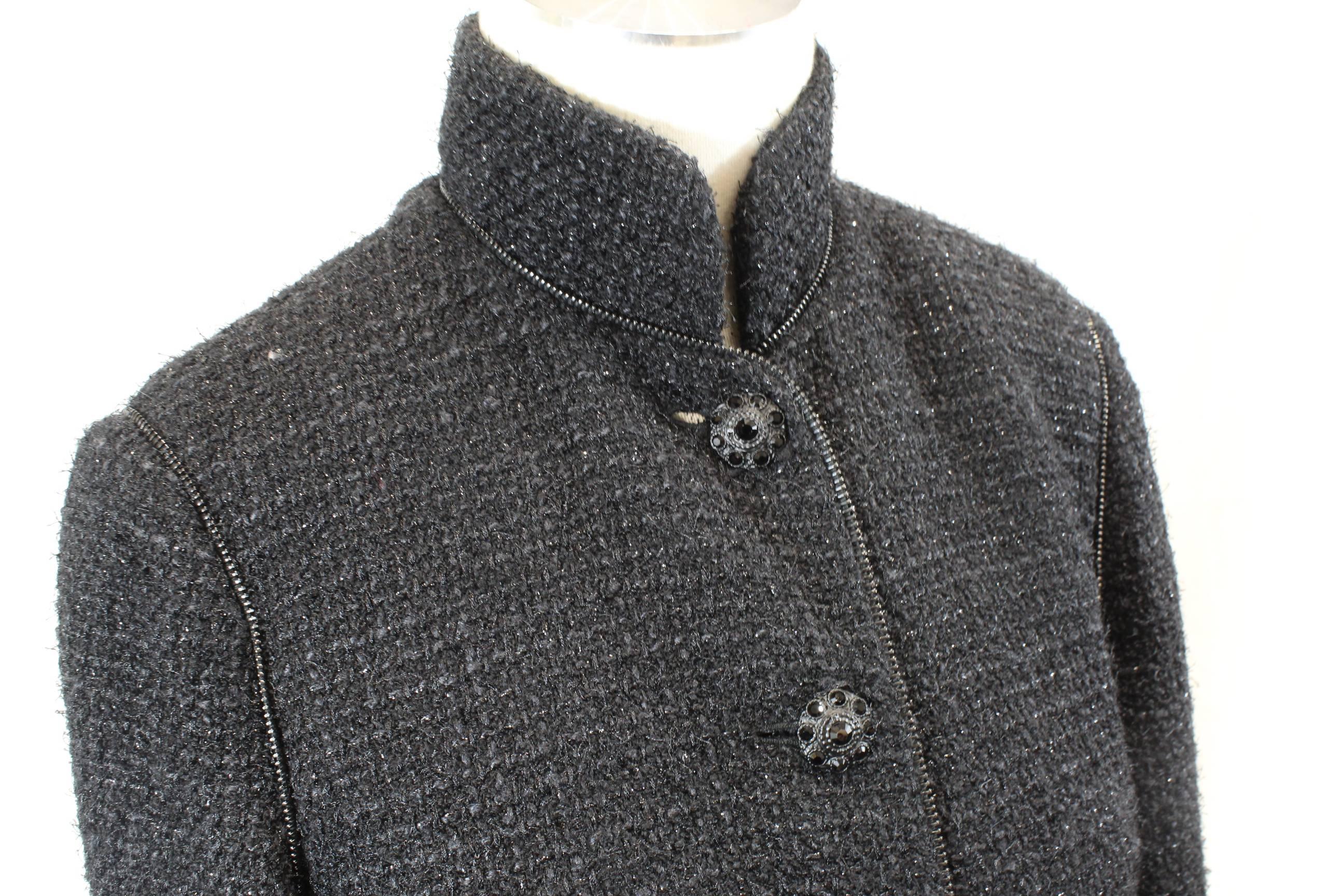 Chanel 2010 Black Tweed Long Jacket with Zips. Size 38 In Good Condition In Paris, FR