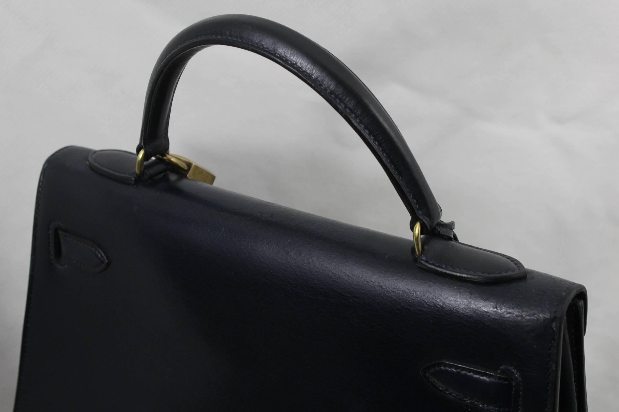 Black Hermes Vintage Kelly 32 Navy Bag, 1966