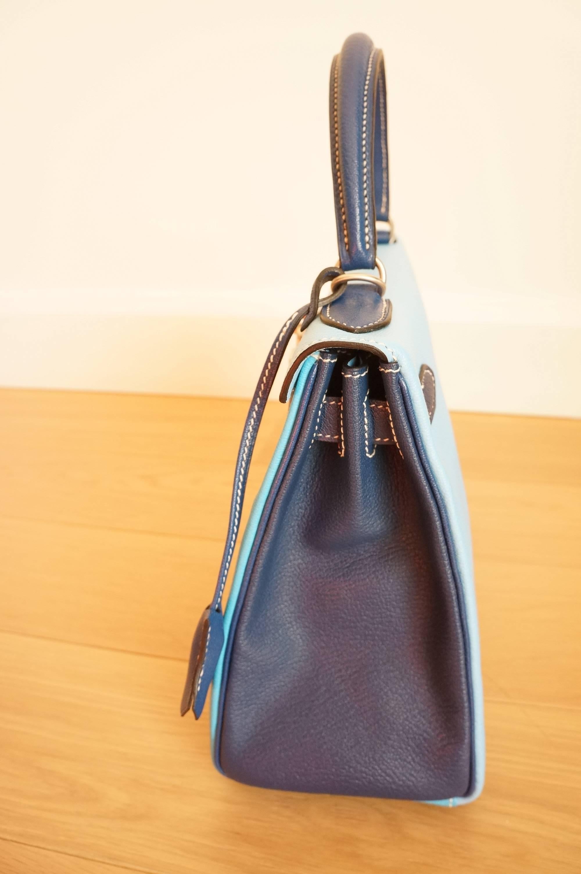 Blue 3 colors Hermes Kelly 28 Bag with Shoulder Strap. 