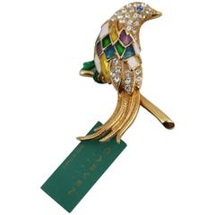 Lovely Carven Bird Emanel and Stones Golden Brooch