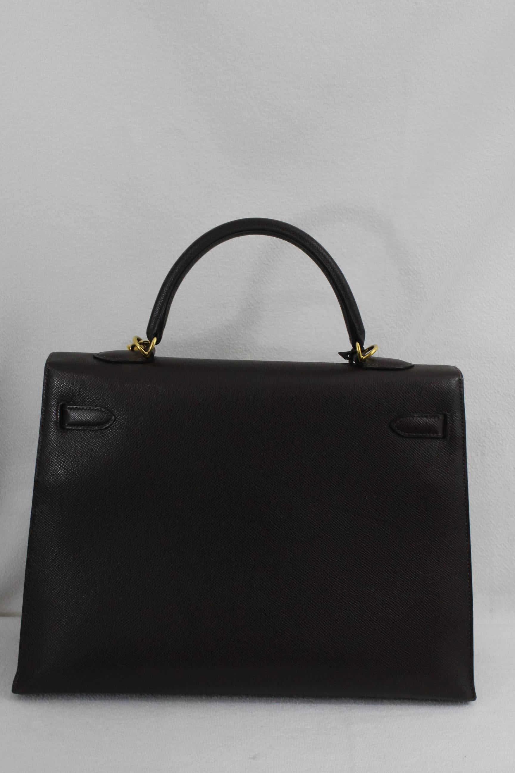 Gray 2008 Hermes Dark Brown Epson Leather Kelly 36 Bag With Shoulder Strap For Sale
