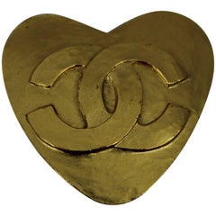 Nice Vintage Chanel Gold Plated Heart Double CC Brooch