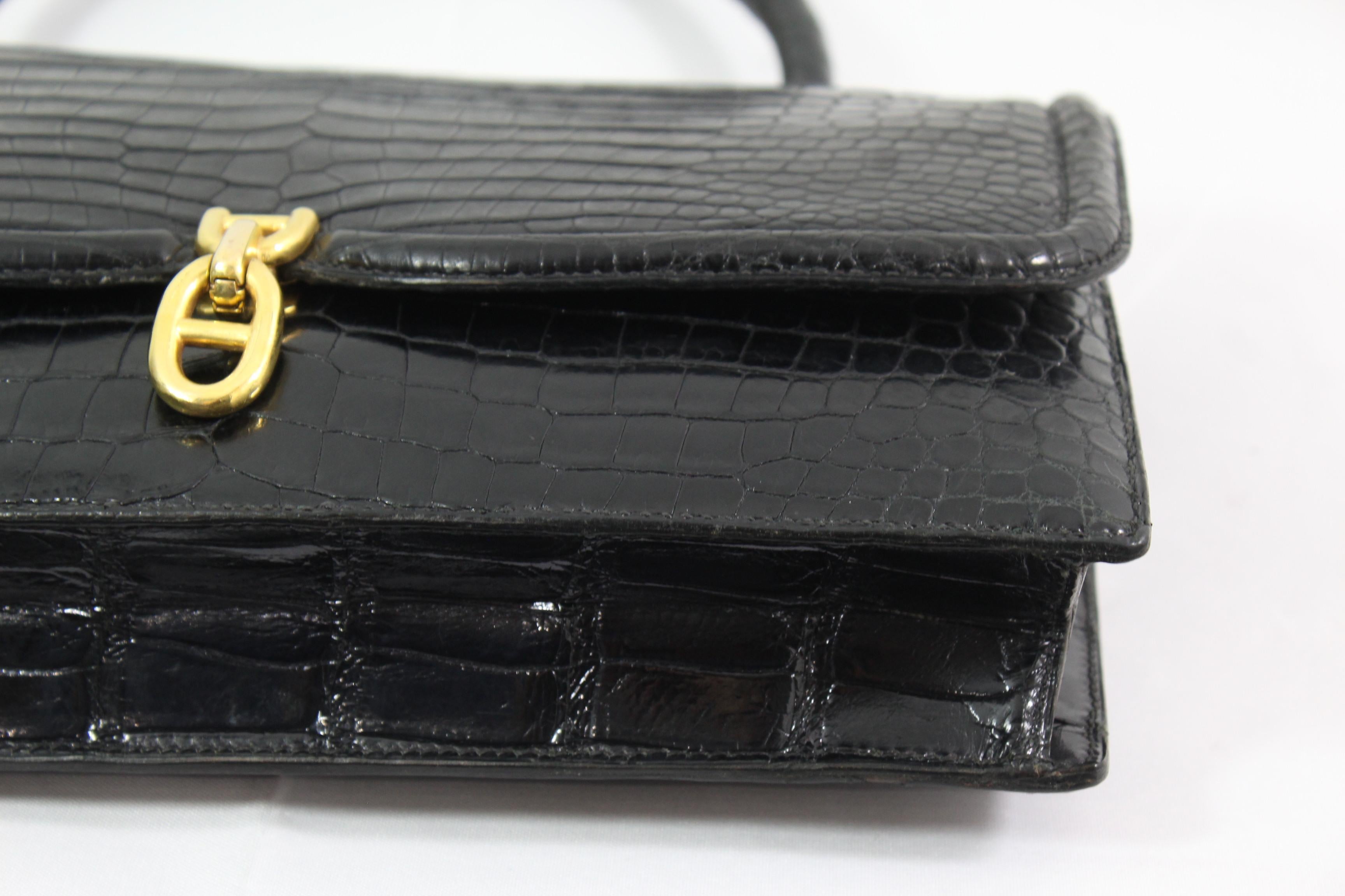 Hermes Vintage Black Croco Bag Chaine D'ancre In Good Condition In Paris, FR
