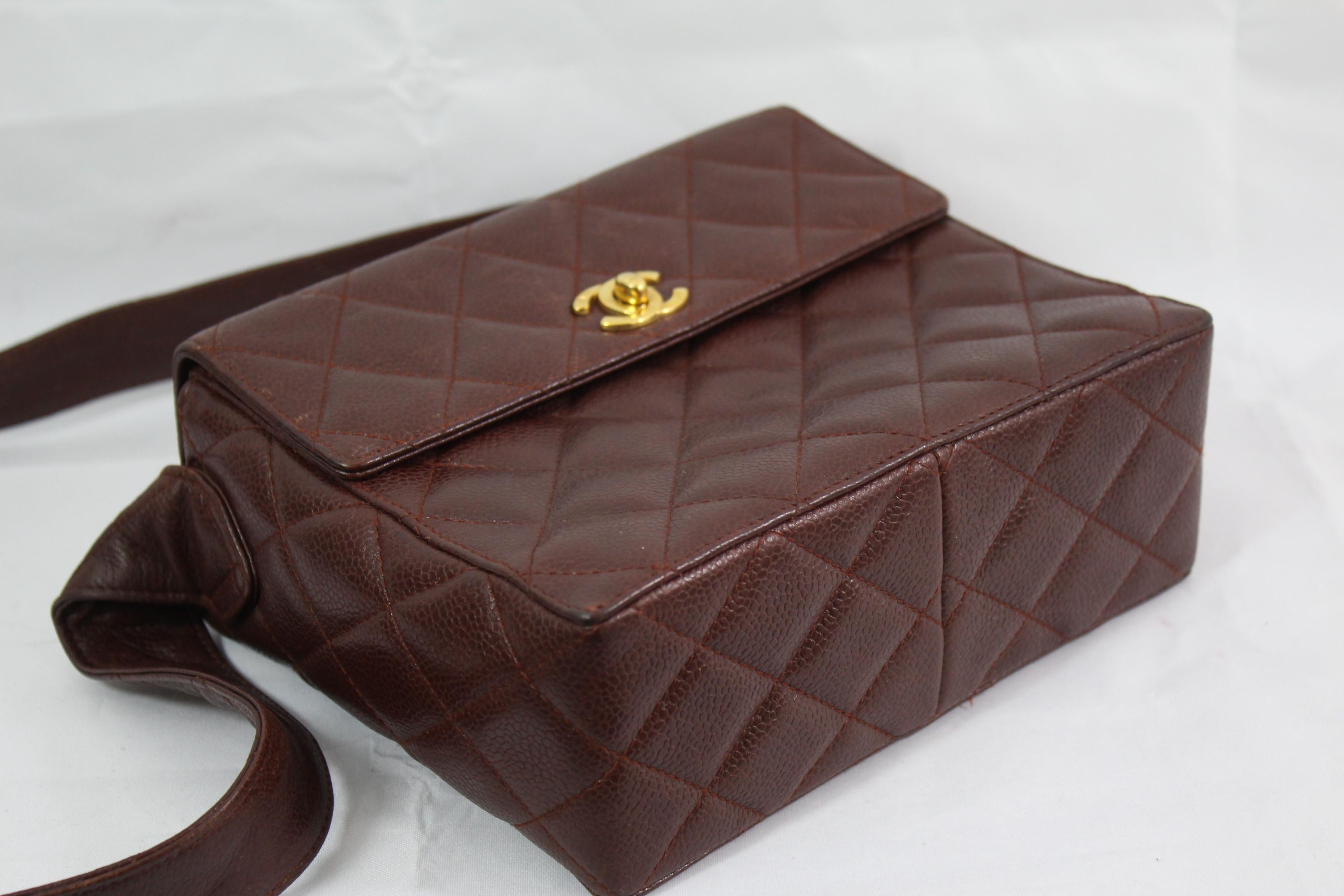 Women's Chanel Vintage Semi Rigid Brown  Quilted Lambskin Leather  Crossbody Bag 