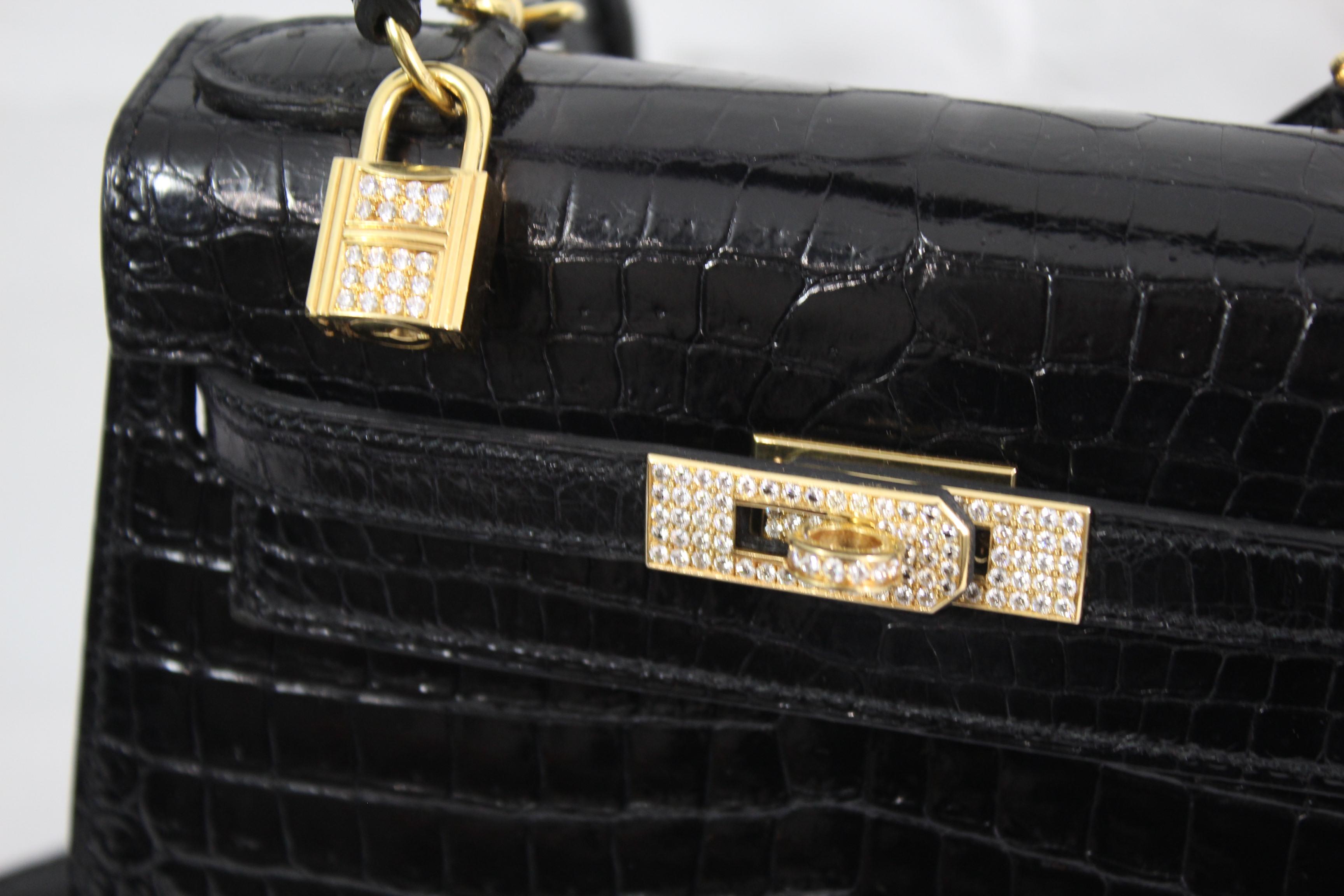 One of a kind Black hermes croco Kelly 20 with 18k gold hardware and diamonds.
Used but in excellent condition, some really light signs of wear.
Size: Kelly 220 centimeters
Strap lenght:  90 cm
Sold with box and dust bag.
No CITES, so check the