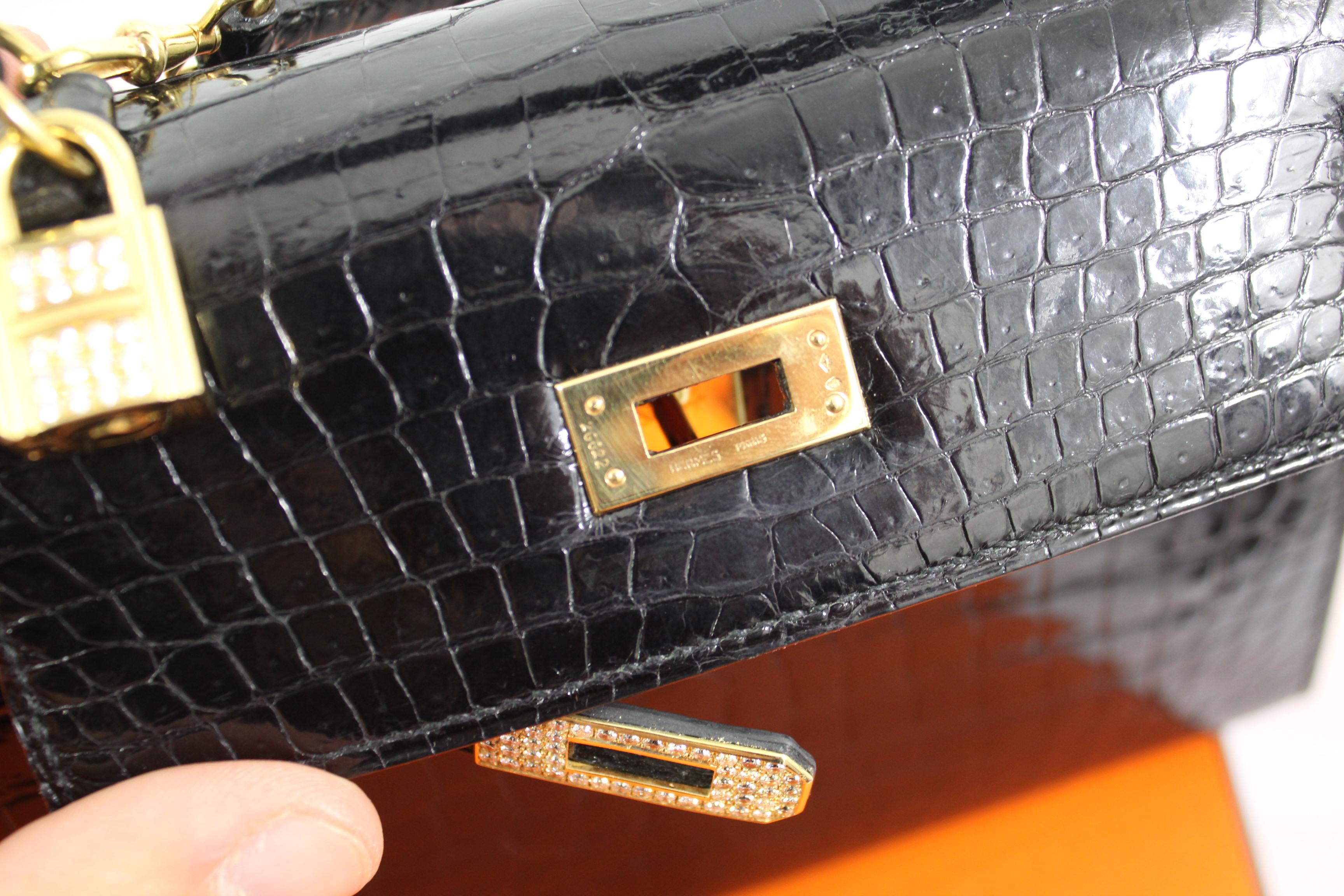 One of a Kind Hermes Kelly 20 Black Crocodile, 18k gold hardware and diamonds 3