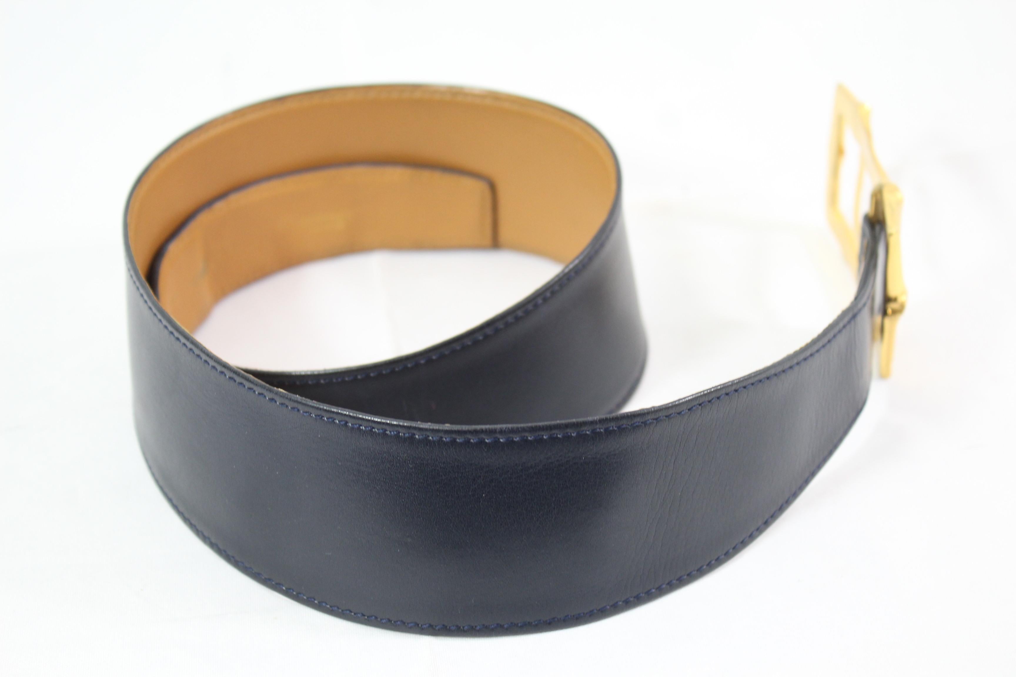 Hermes Vintage Bambou Belt in Navy Box leather In Good Condition In Paris, FR