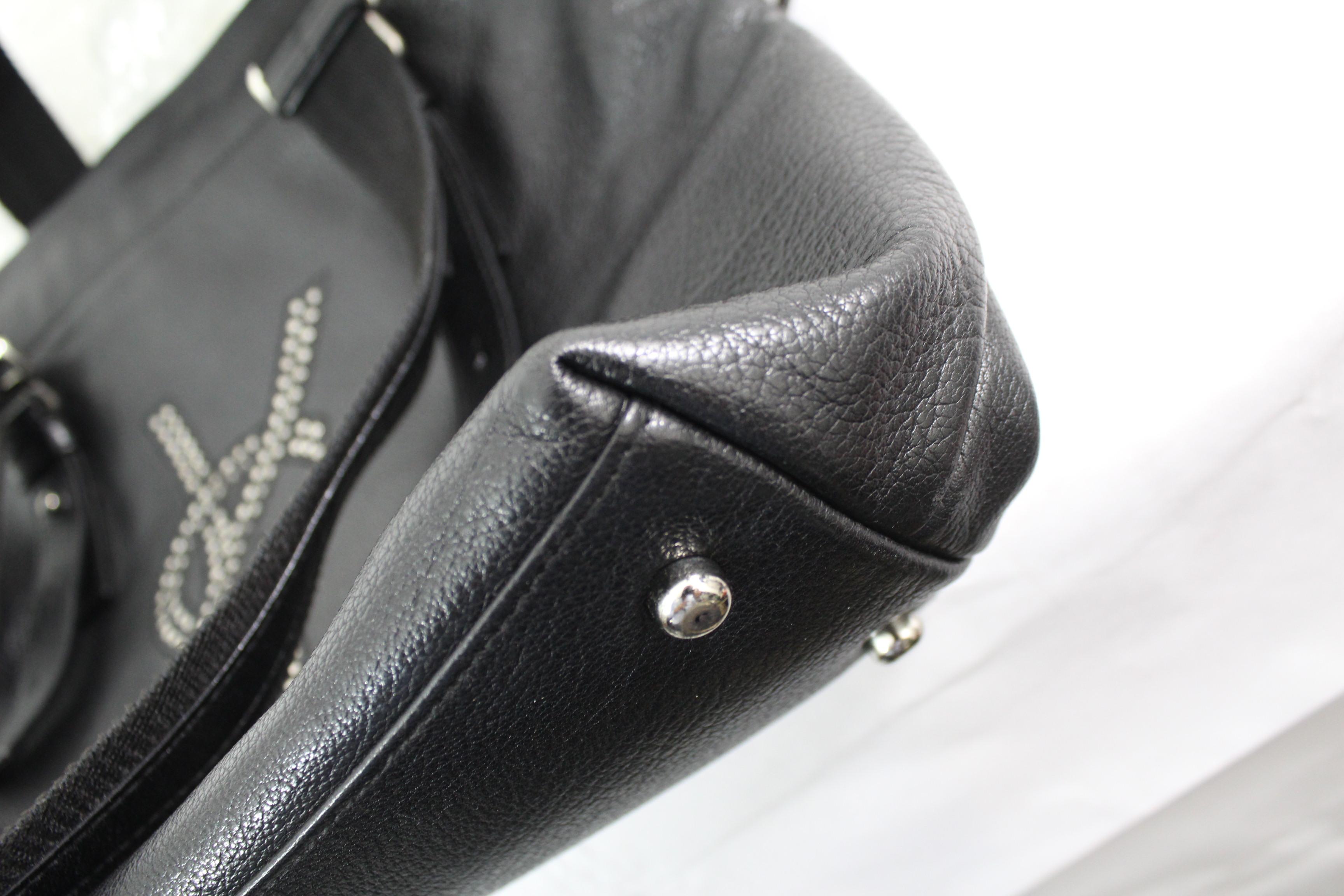Women's Yves Saint Laurent Vintage YSL Studdent Logo BlackLeather Shoulder Bag For Sale