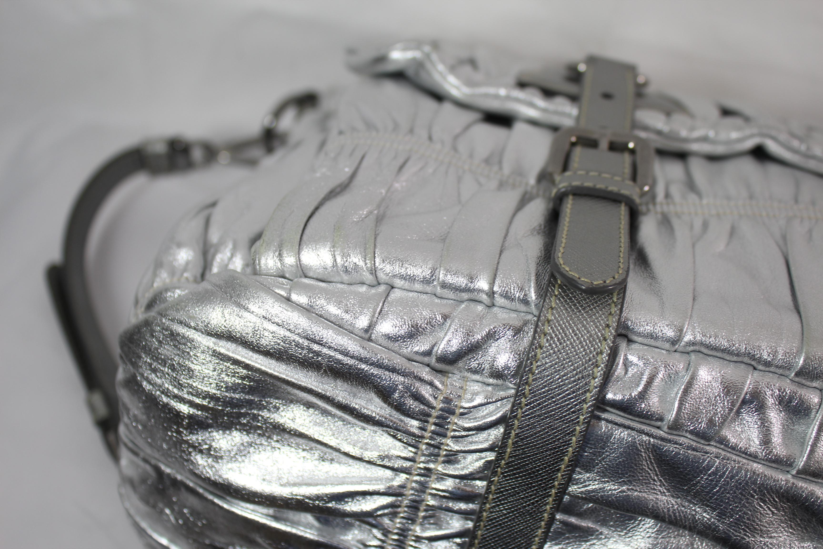 Women's Prada Pleated Silver Leather Bag