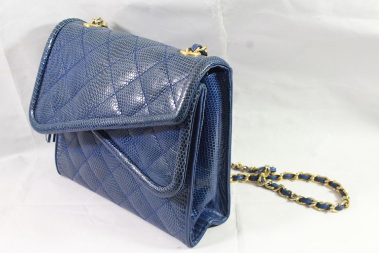 Chanel Vintage Blue Lizard Shoulder Bag For Sale 1