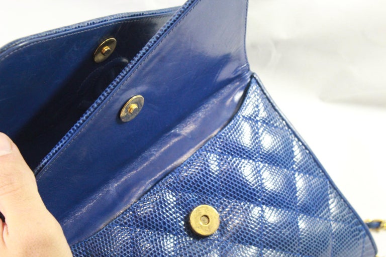 Women's or Men's Chanel Vintage Blue Lizard Shoulder Bag For Sale