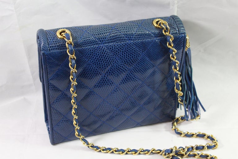 Chanel Vintage Blue Lizard Shoulder Bag For Sale 2