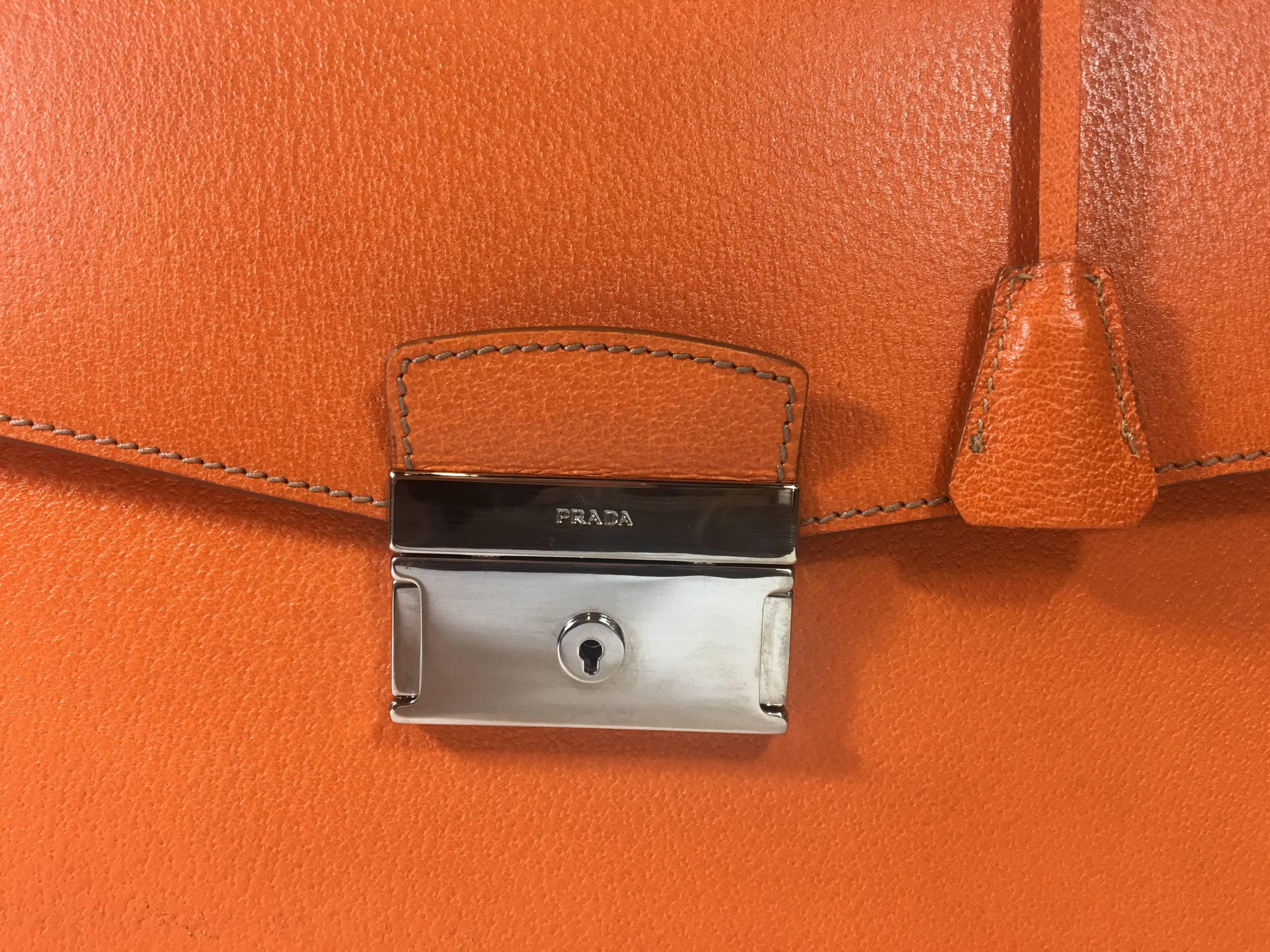 Prada Orange Cinghiale Leather Briefcase In Excellent Condition In Roslyn, NY