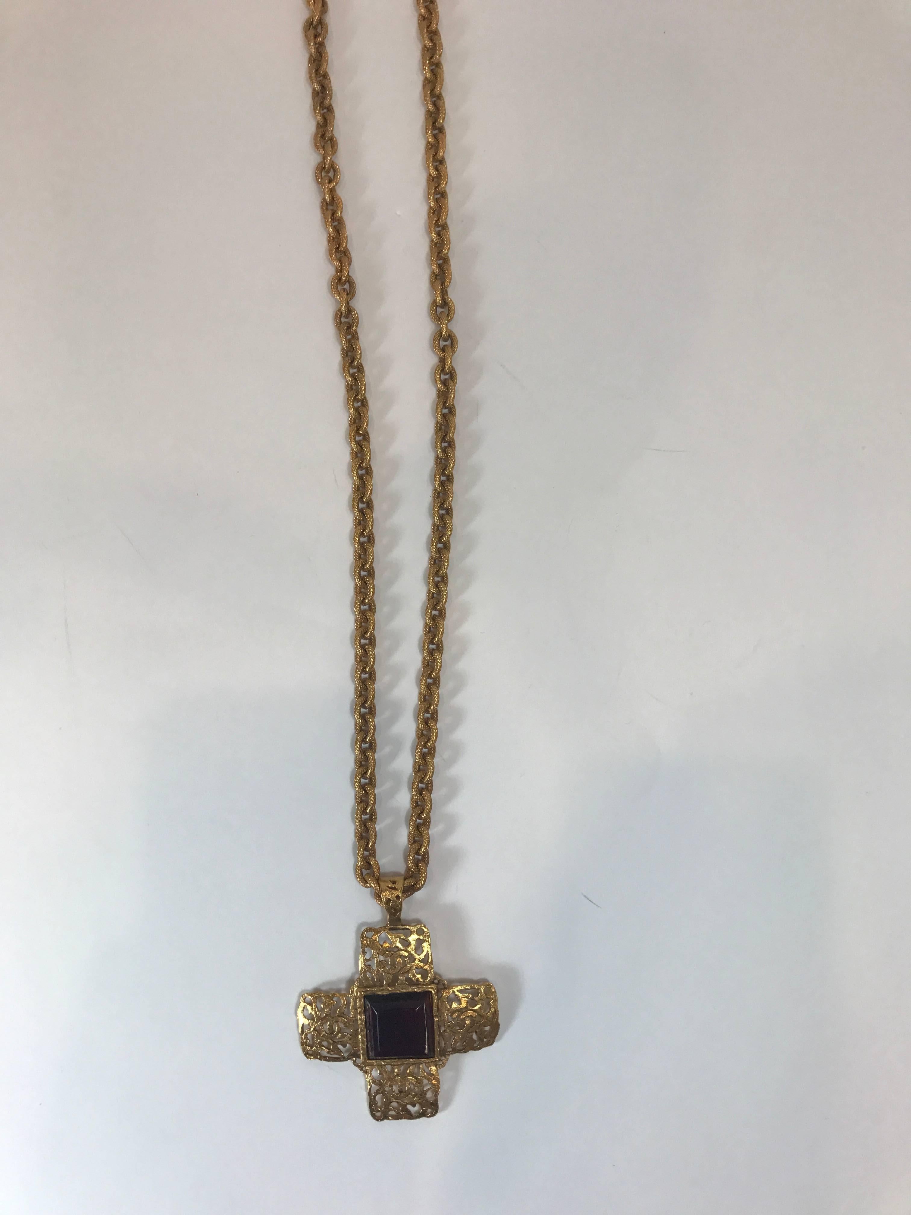 Baroque Chanel Vintage Red Gripoix Cross Pendant Necklace
