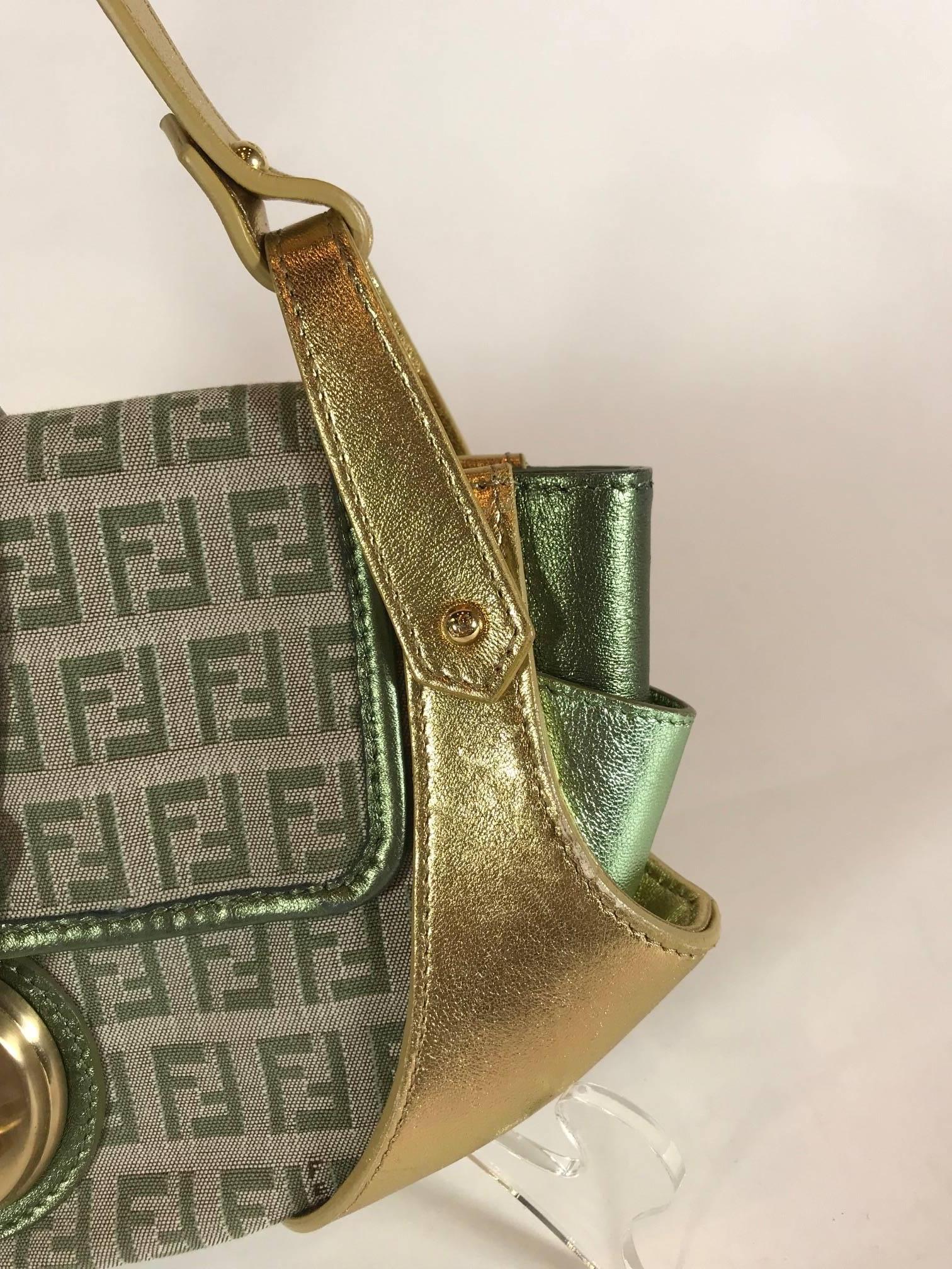 Brown Fendi Gold and Green Metallic Handbag For Sale