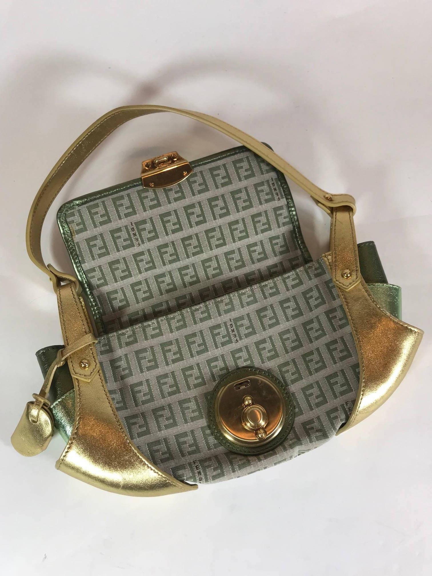 Fendi Gold and Green Metallic Handbag For Sale 4