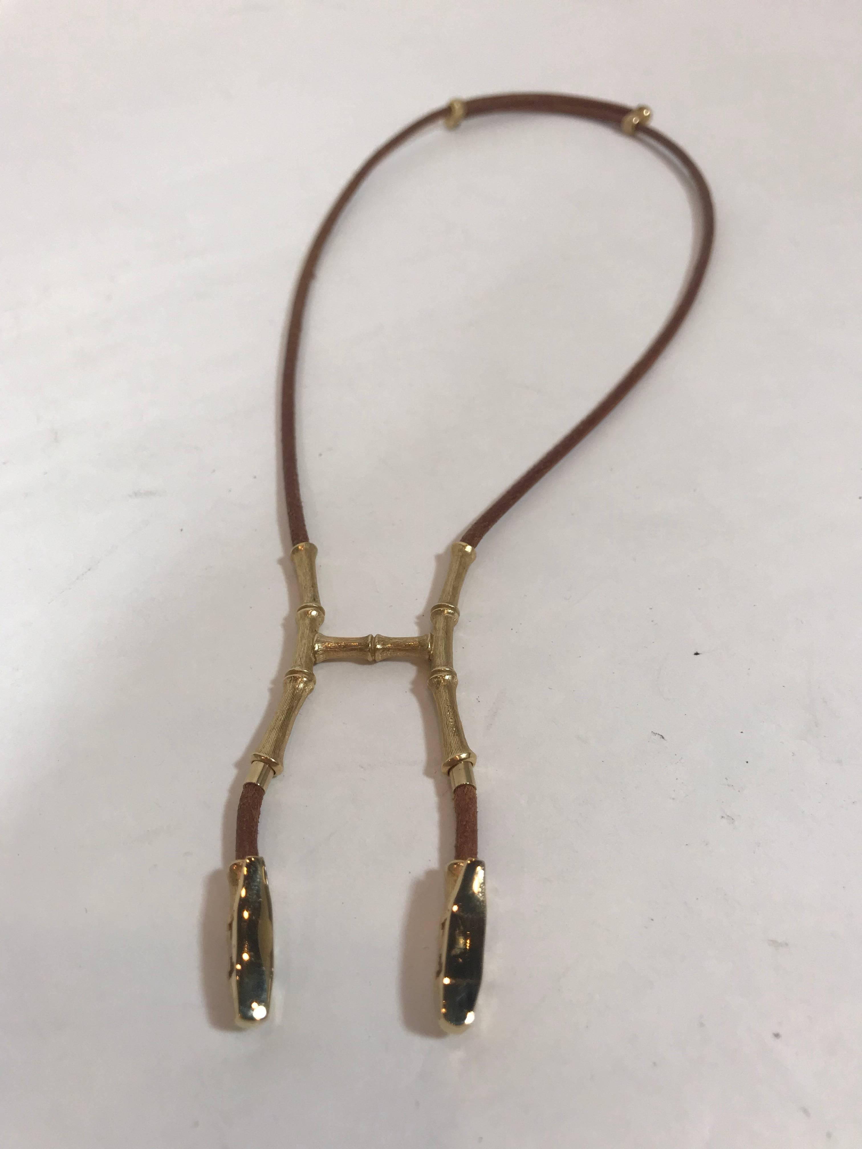 Hermès Gold Brown Rare Plated Bamboo H Scarf Clip Necklace 2