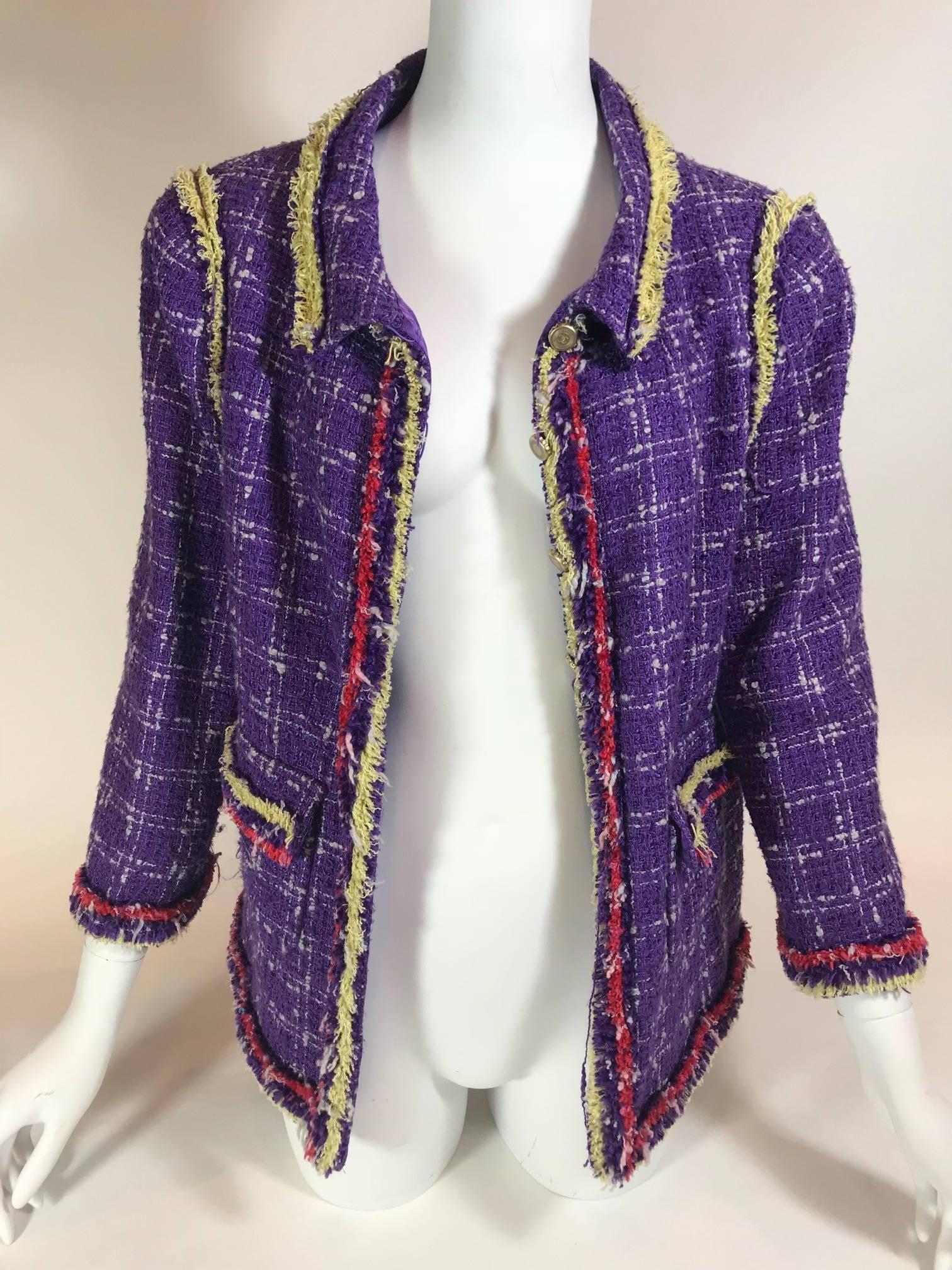 Violet, red and yellow tweed silk-blend jacket. Gold-tone hardware. 