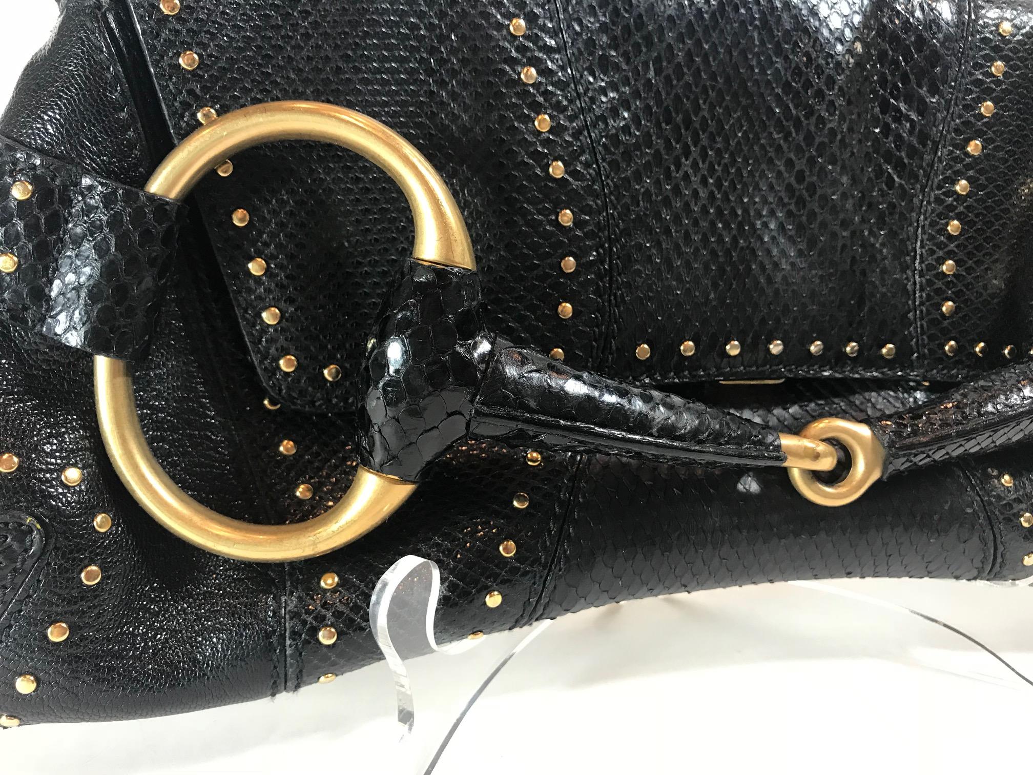 Black Gucci Python and Lizard Horsebit Clutch For Sale