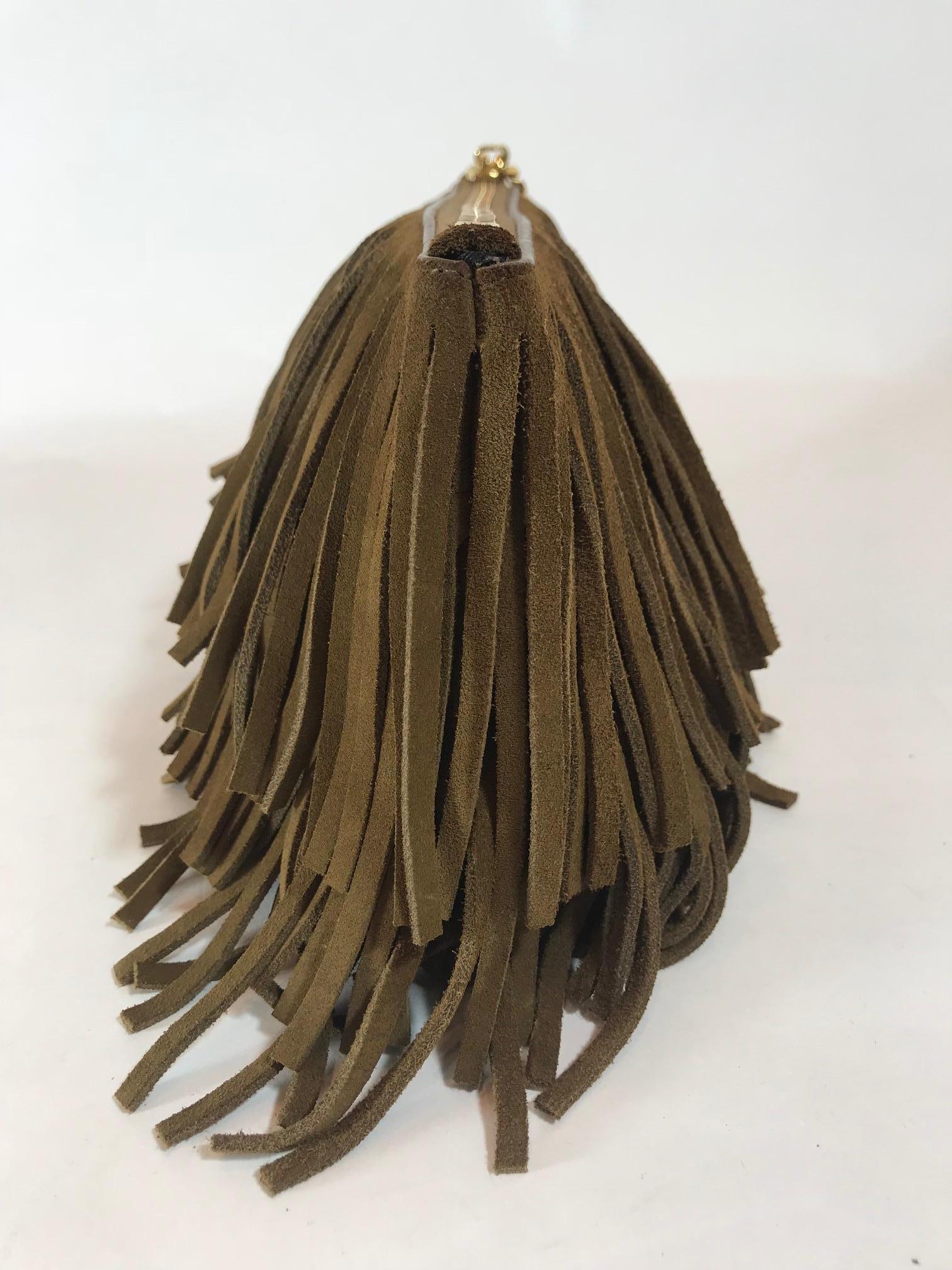 Camel brown tiered fringe suede clutch. gold-tone hardware. Zip top with YSL logo tassel pull tab.