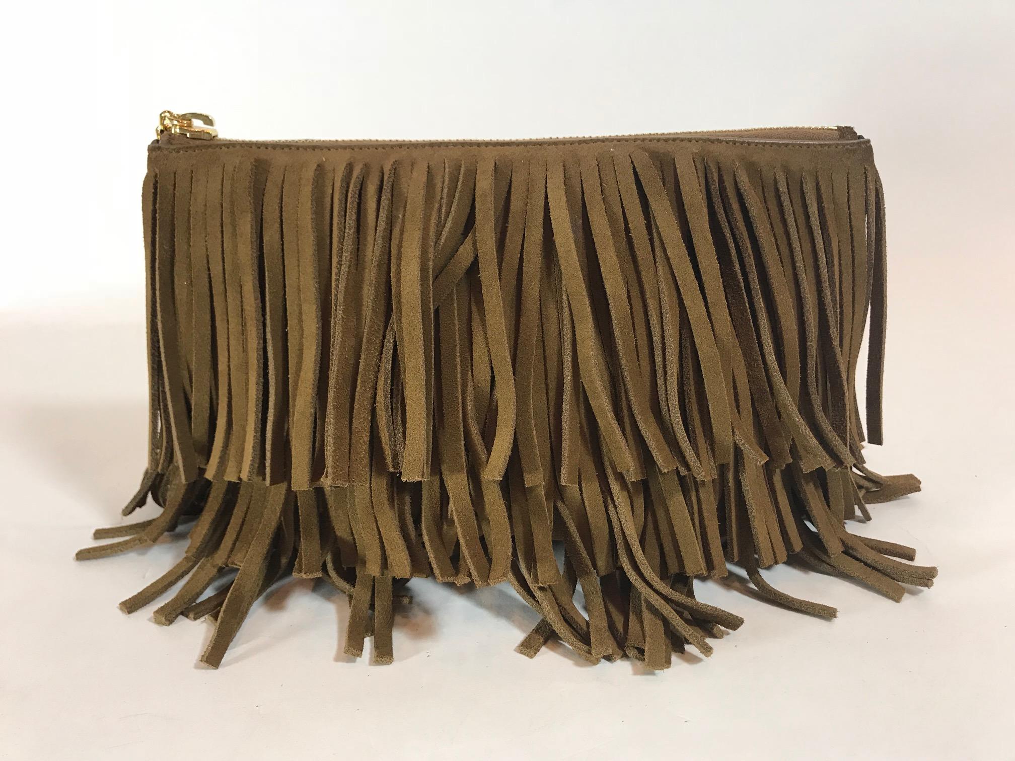 Brown Saint Laurent Monogram Medium Suede Fringe Clutch Bag For Sale