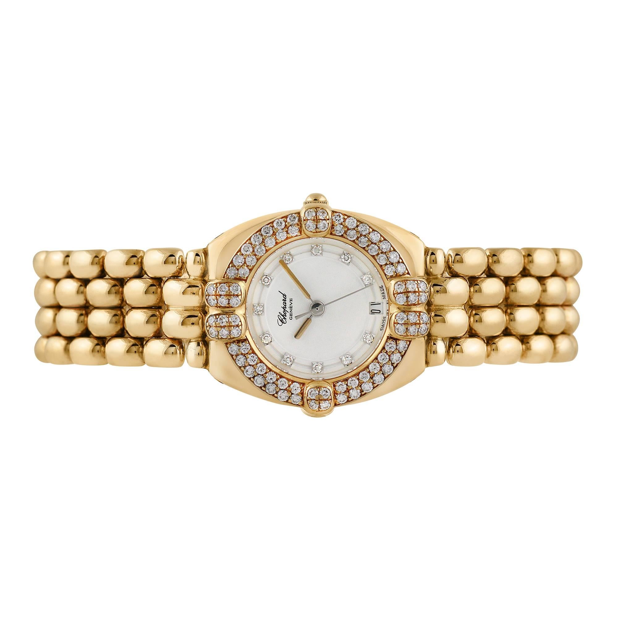 Unworn Chopard Gstaad 18K yellow gold ladies wristwatch, ref 325120-11, circa 2000. With 24mm case diameter in 18k yellow gold and 18k yellow gold bezel with quartz movement. 30m water resistant. The bracelet is 18k yellow gold, with hidden hidden