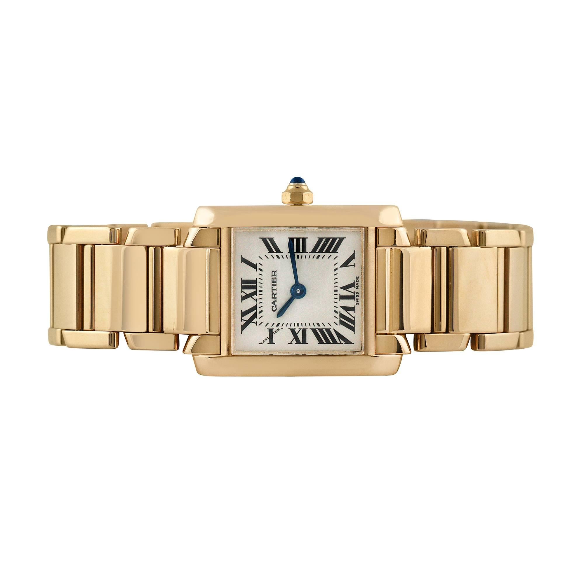 Exquisite Cartier Tank Francaise 18k Yellow Gold ladies wristwatch, reference 2385, circa 1990. Featuring an 18k Yellow Gold case, bezel and bracelet. The case size is 25mm x 20mm. Quartz movement and 30m water resistant. Hidden butterfly clasp type