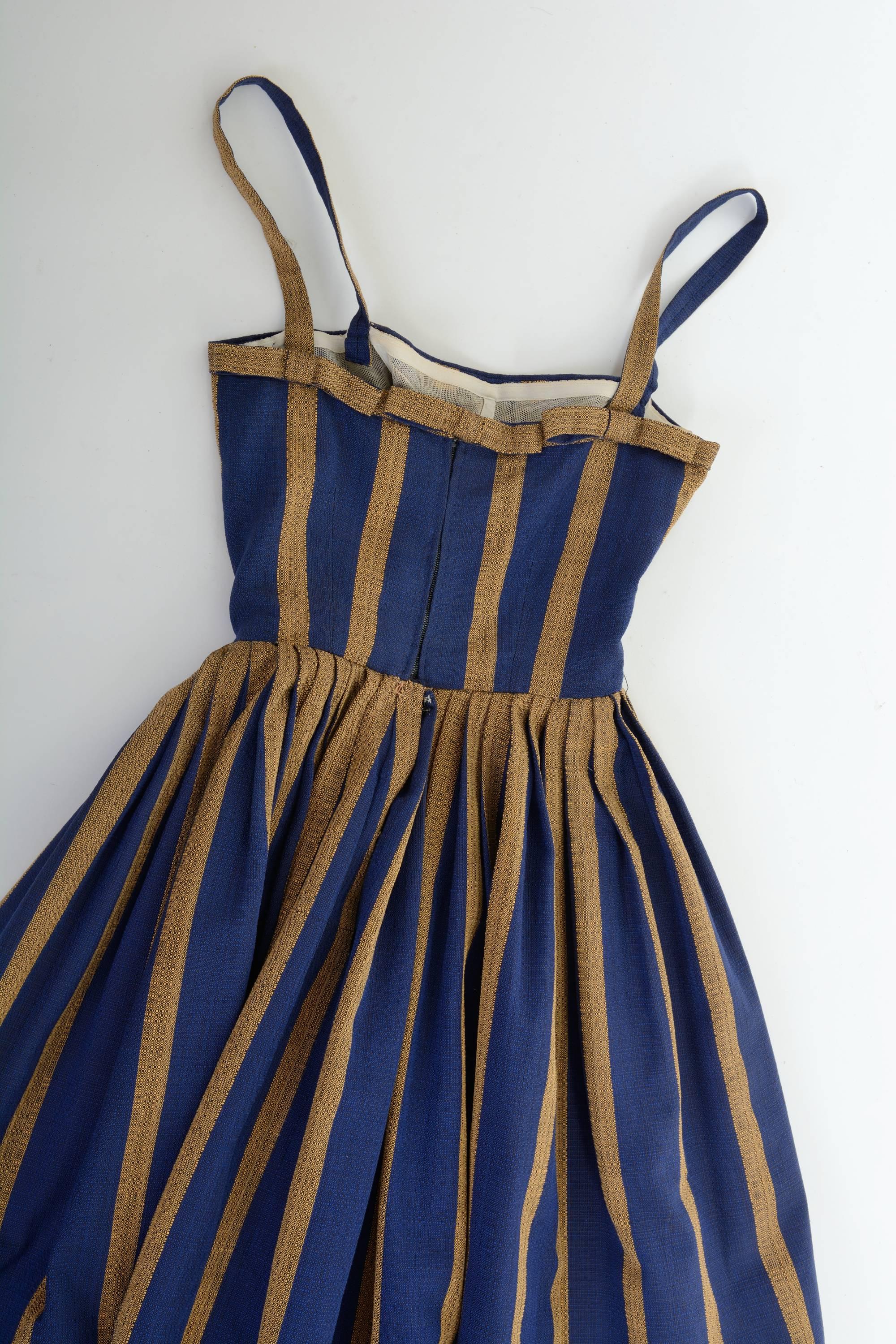 Black 1950s Striped Cotton Spaghetti Strap Circle Skirt Dress For Sale