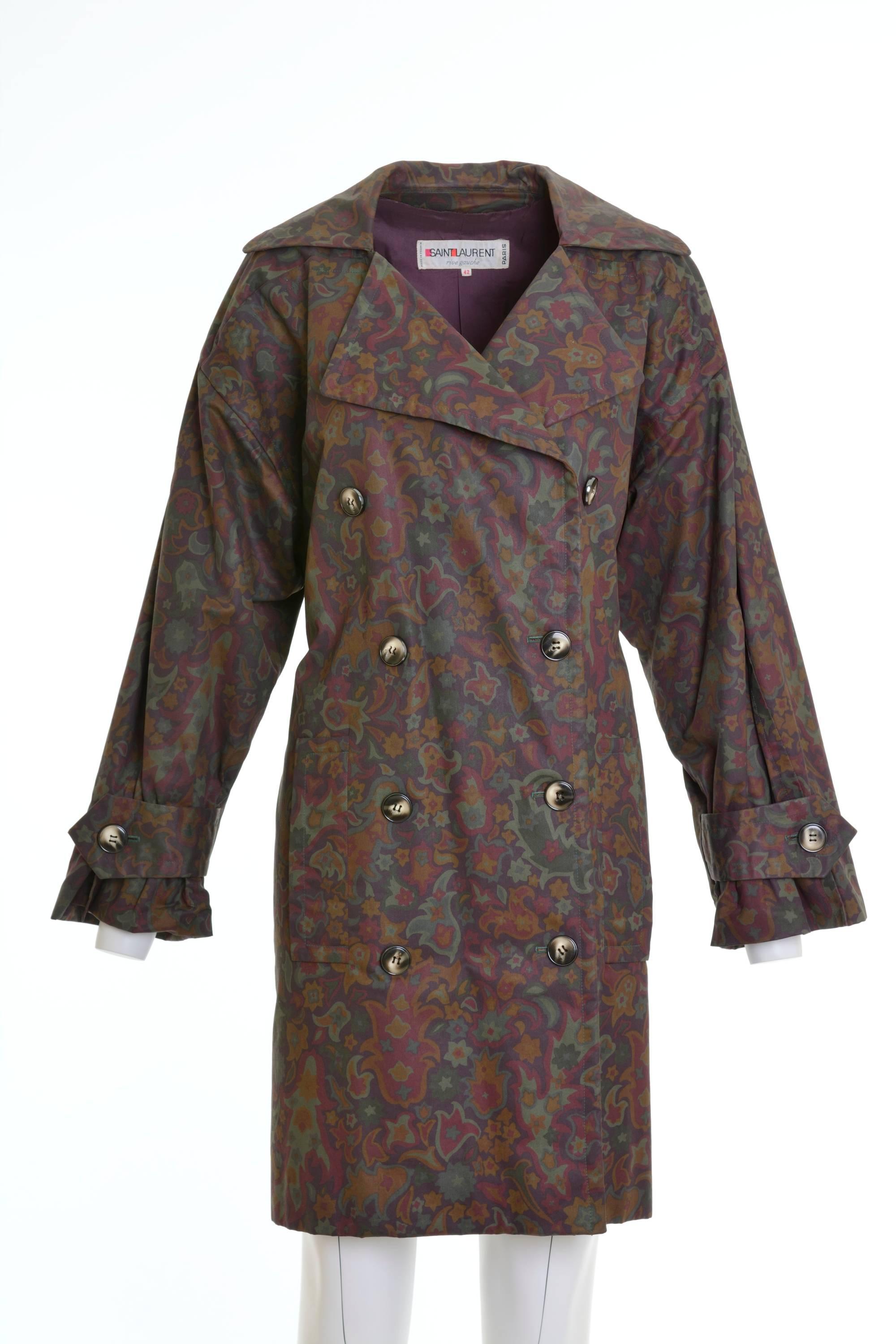 Black 1980s YVES SAINT LAURENT Purple and Green Floral Print Trench Coat For Sale