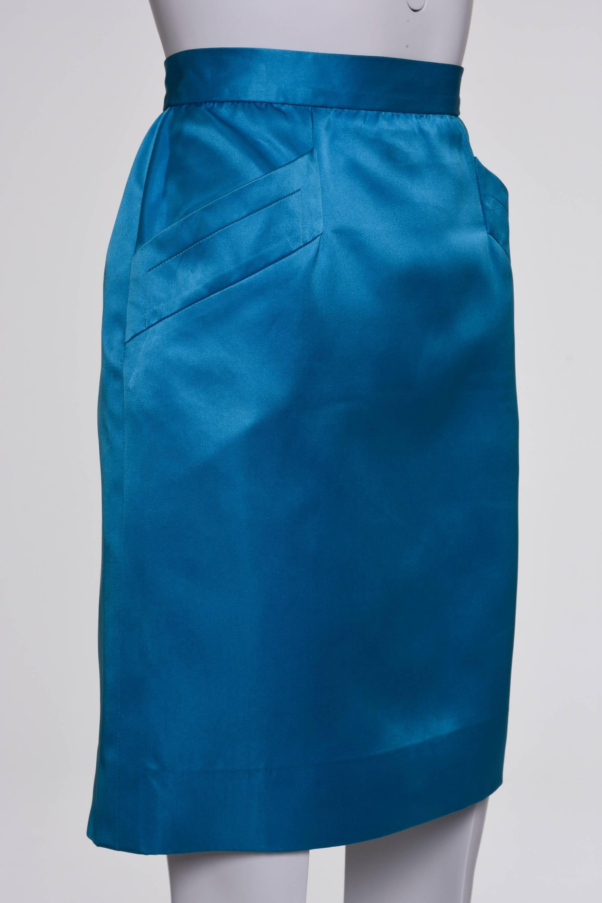 Blue 1980s YVES SAINT LAURENT Rive Gauche Silk Satin Suit Skirt For Sale