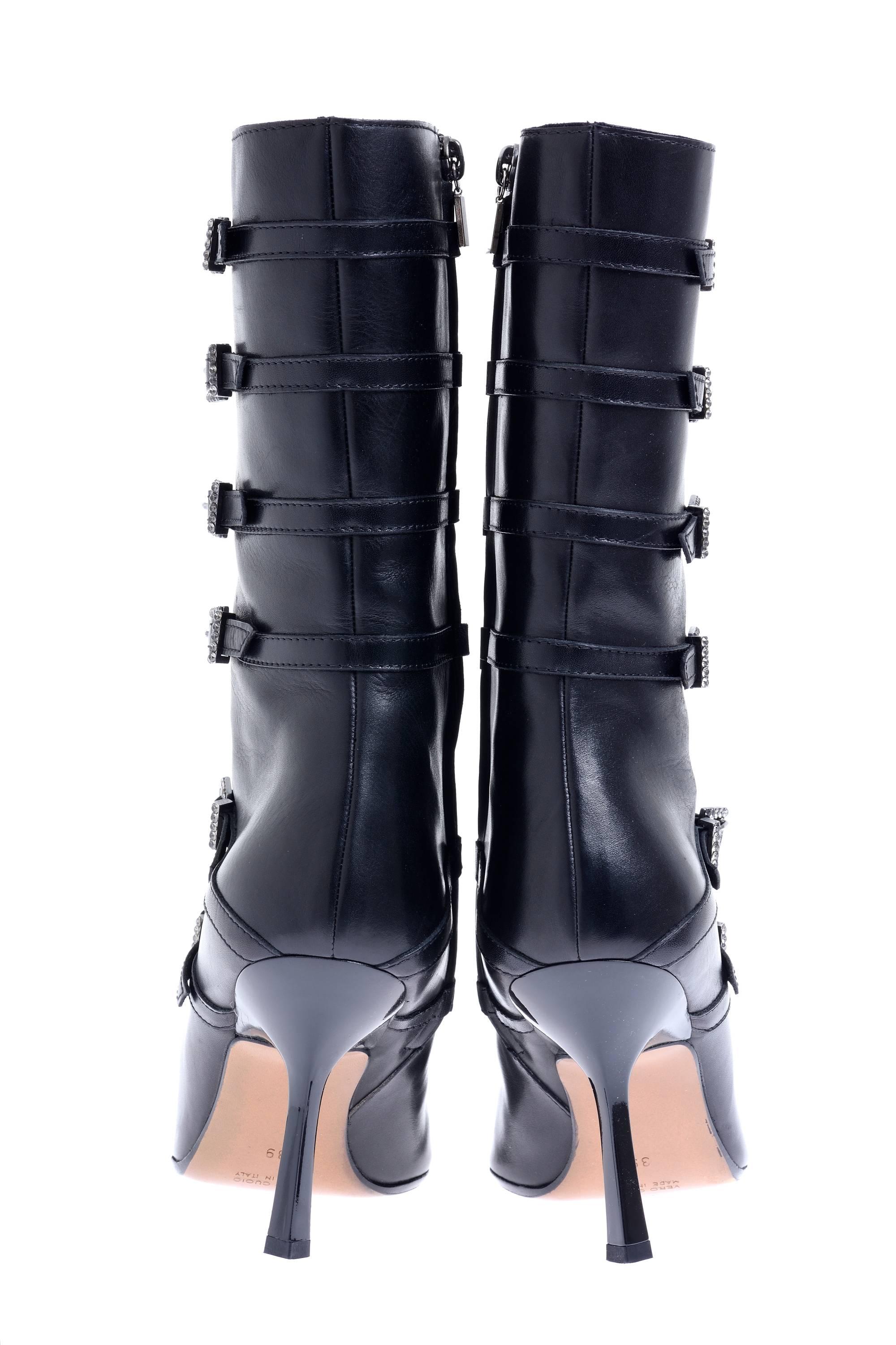 RENE CAOVILLA Black Leather Buckles High Heel Boots EU 39 In New Condition For Sale In Milan, Italy