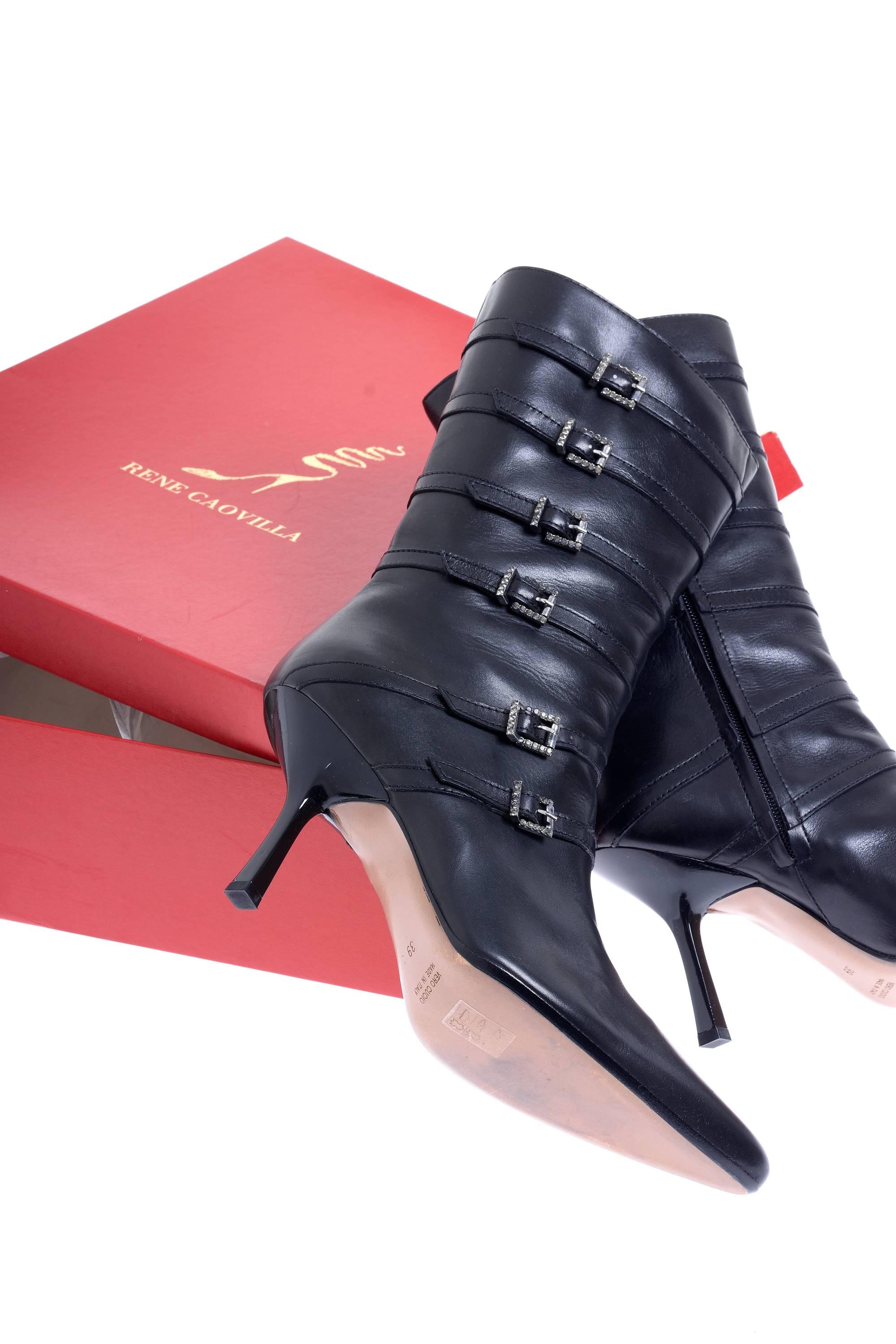 Women's RENE CAOVILLA Black Leather Buckles High Heel Boots EU 39 For Sale